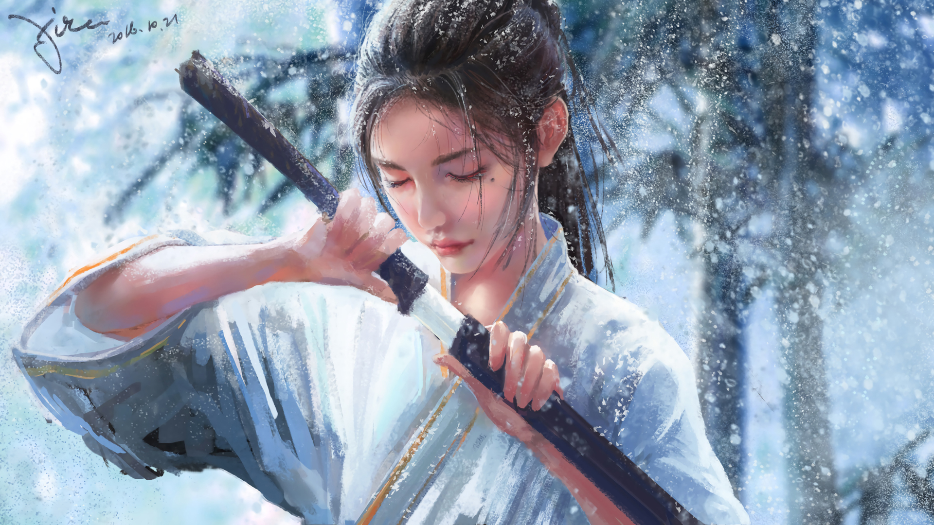 雪竹 雪景 女生 黑发 单马尾 宝剑 2k动漫高清壁纸