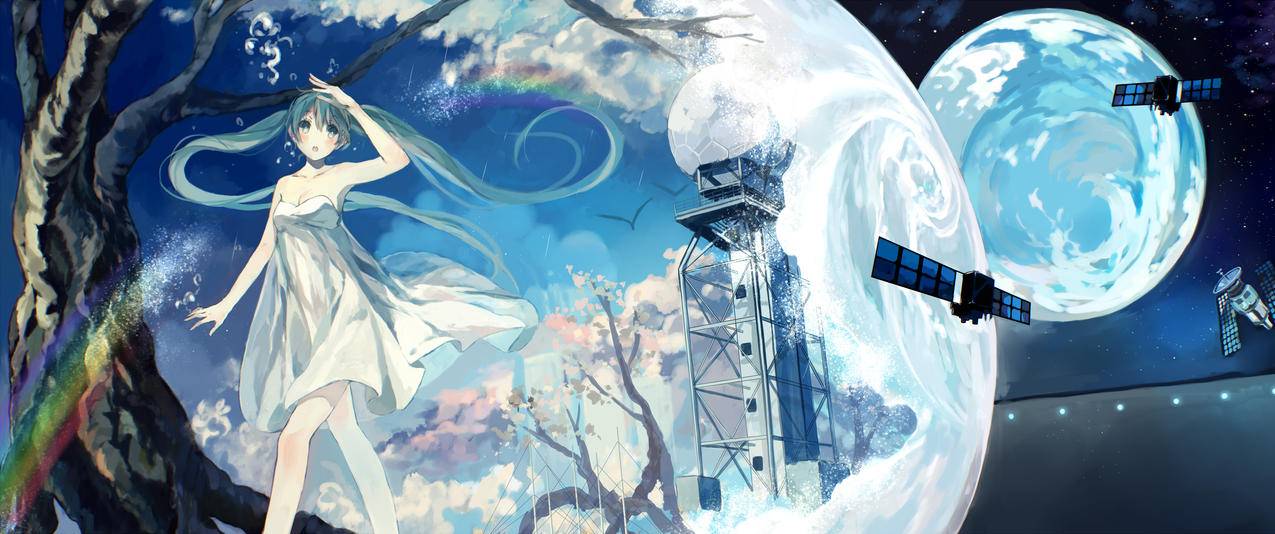 VOCALOID初音未来星球星空太空动漫带鱼屏高清壁纸
