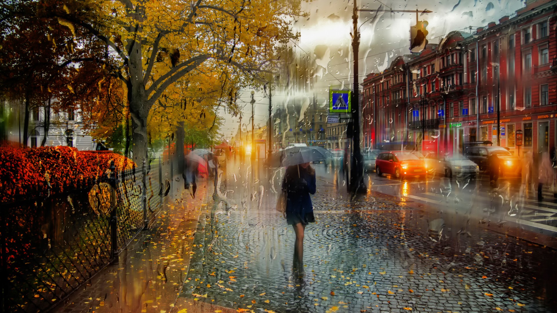 圣彼得堡，十月，雨天，路人，精美绘画风景桌面高清壁纸