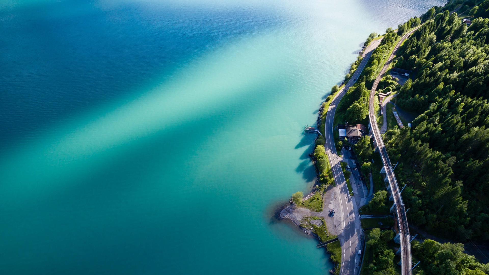 蓝色美丽的海洋 海边 树林 道路 风景桌面高清壁纸