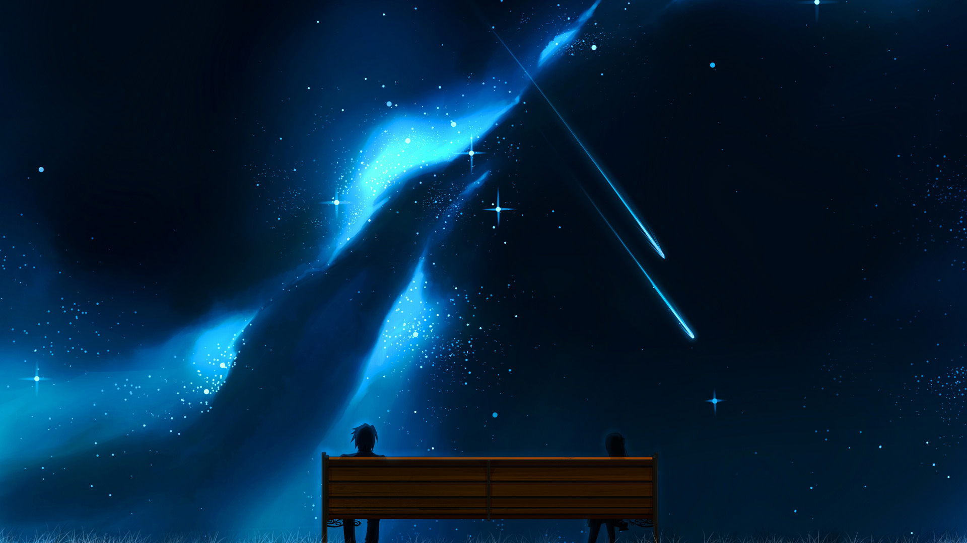 男人,女人,板凳,夜晚,天空,星星,流星,梦幻,高清壁纸