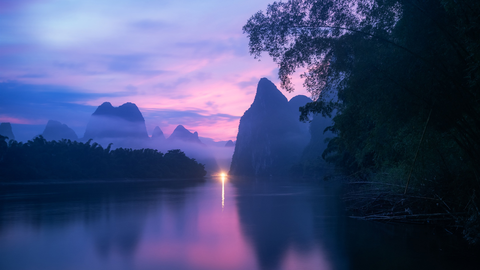 桂林山水风景 河 山 雾 黄昏 光 电脑 高清壁纸