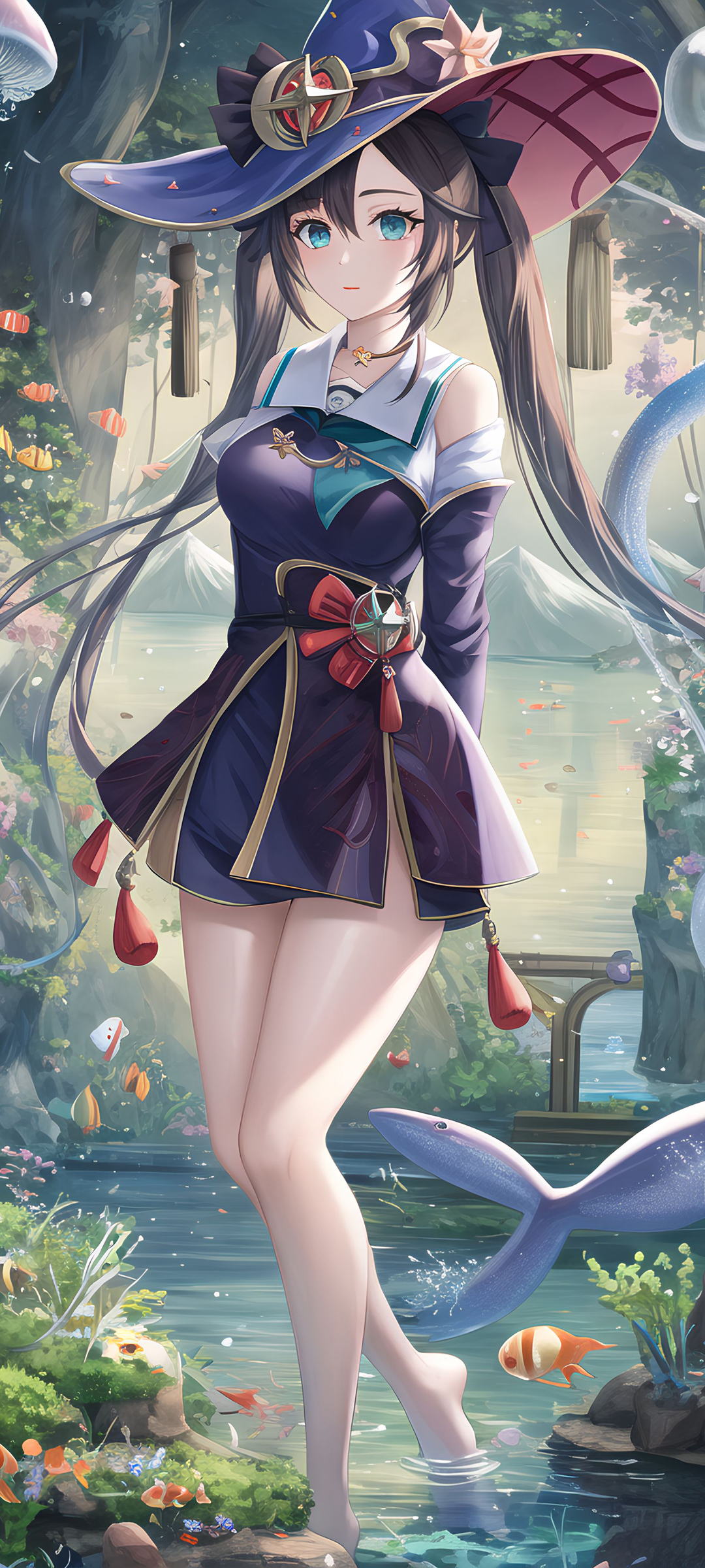 森林 少女 帽子 鱼 动漫 高清手机 壁纸