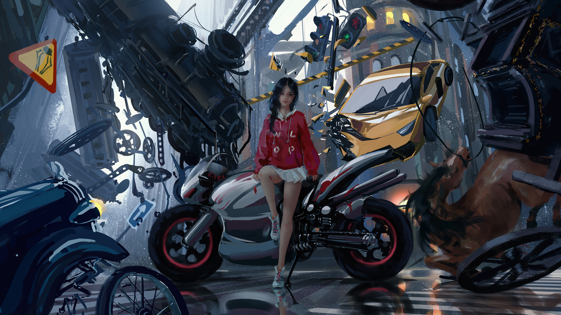 女孩 长发 红色衣服 白色短裙 摩托车 精选 电脑 高清壁纸