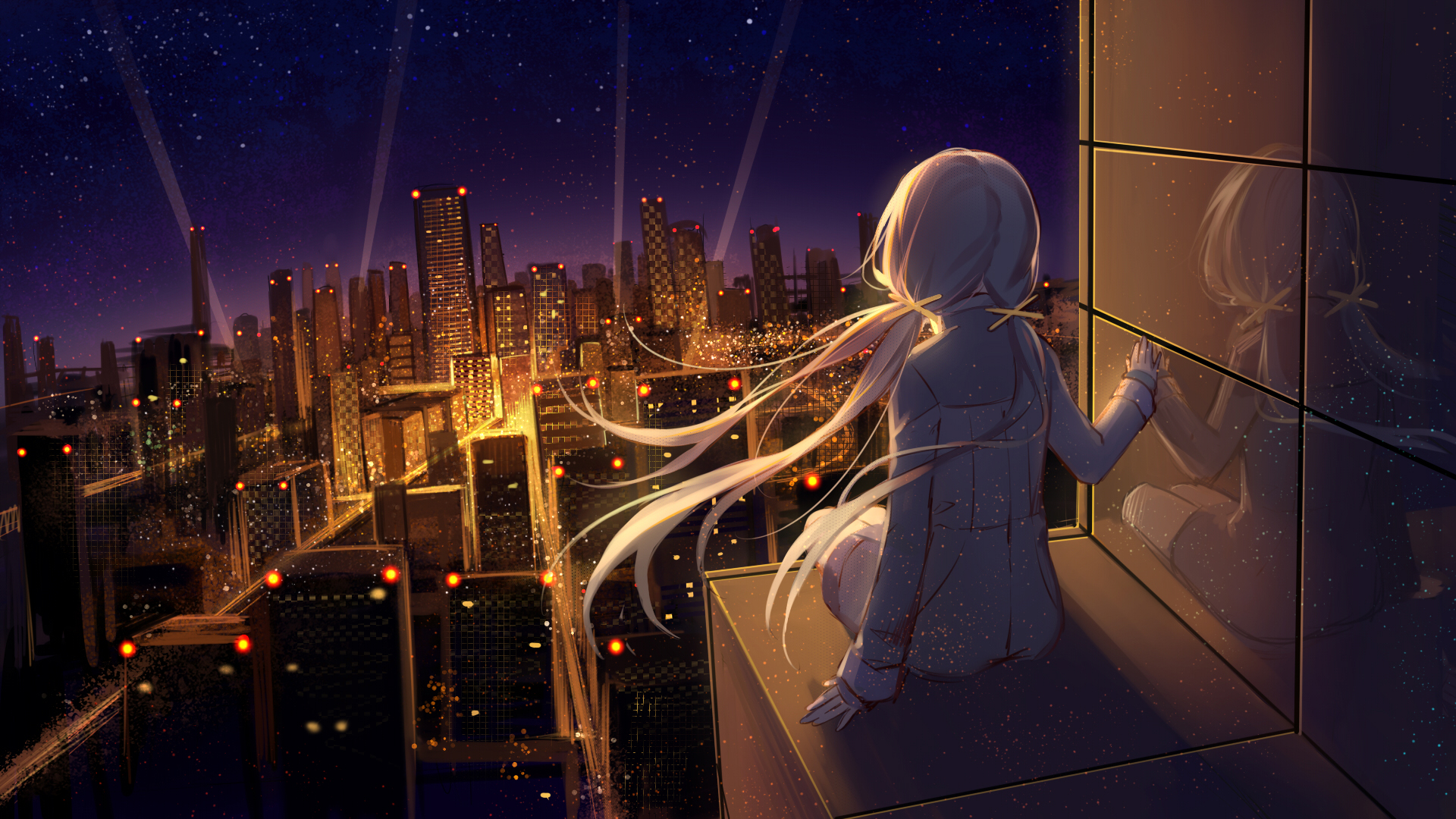女孩子 星尘 晚上 城市 动漫高清壁纸