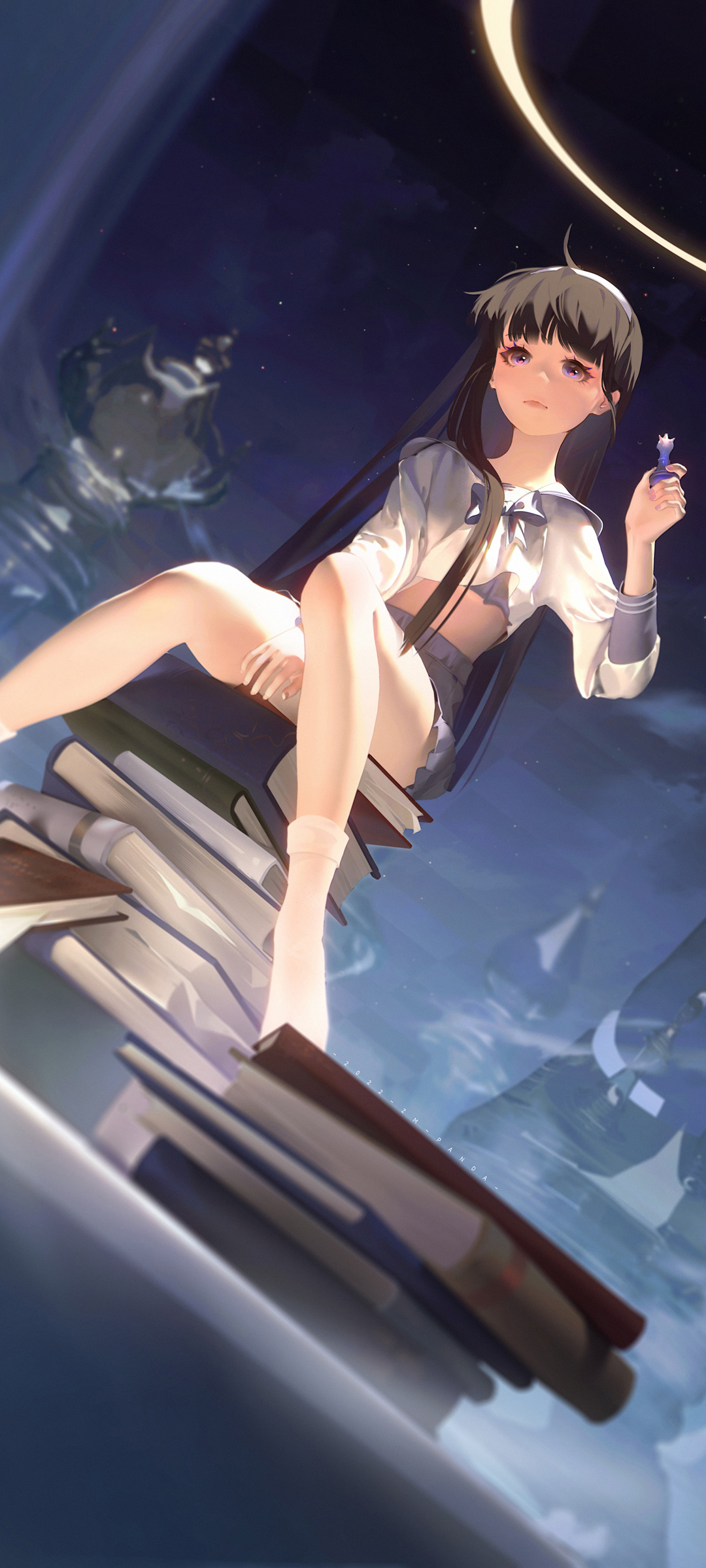坐在书堆的女孩 校服 动漫高清手机壁纸桌面