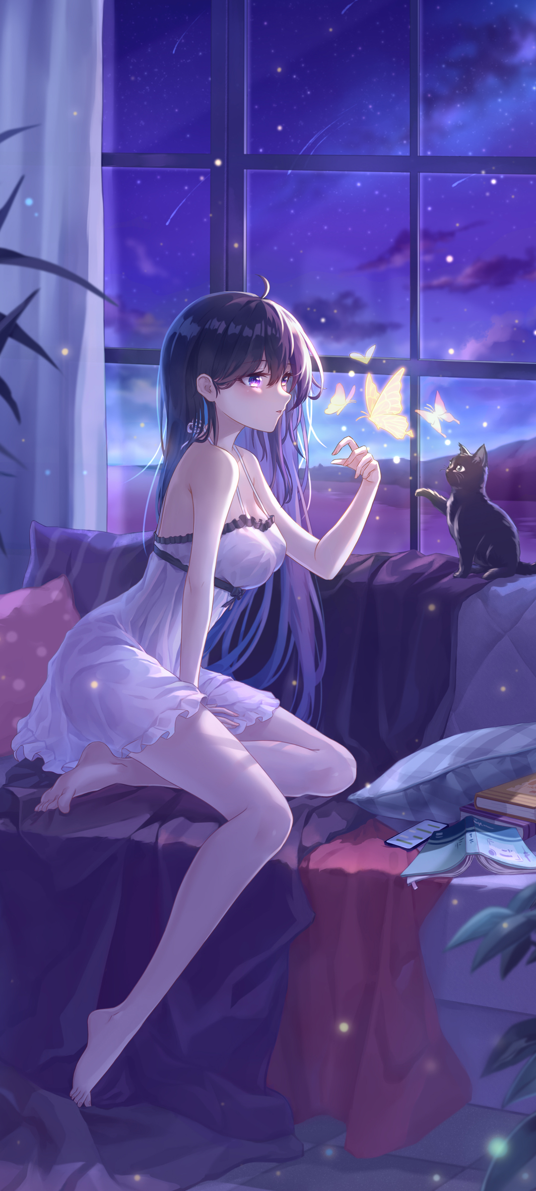 少女与猫 蝴蝶 夜空动漫全屏高清手机壁纸