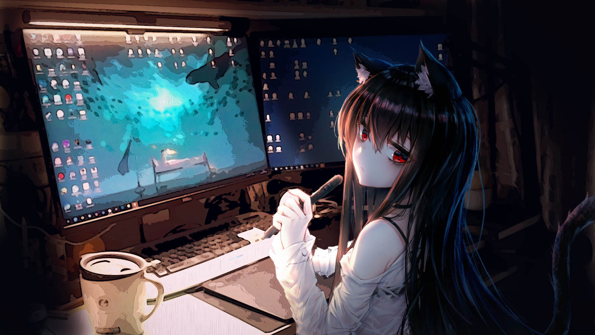 二次元少女 可爱猫耳 萌 电脑 绘画 创作 动漫高清壁纸