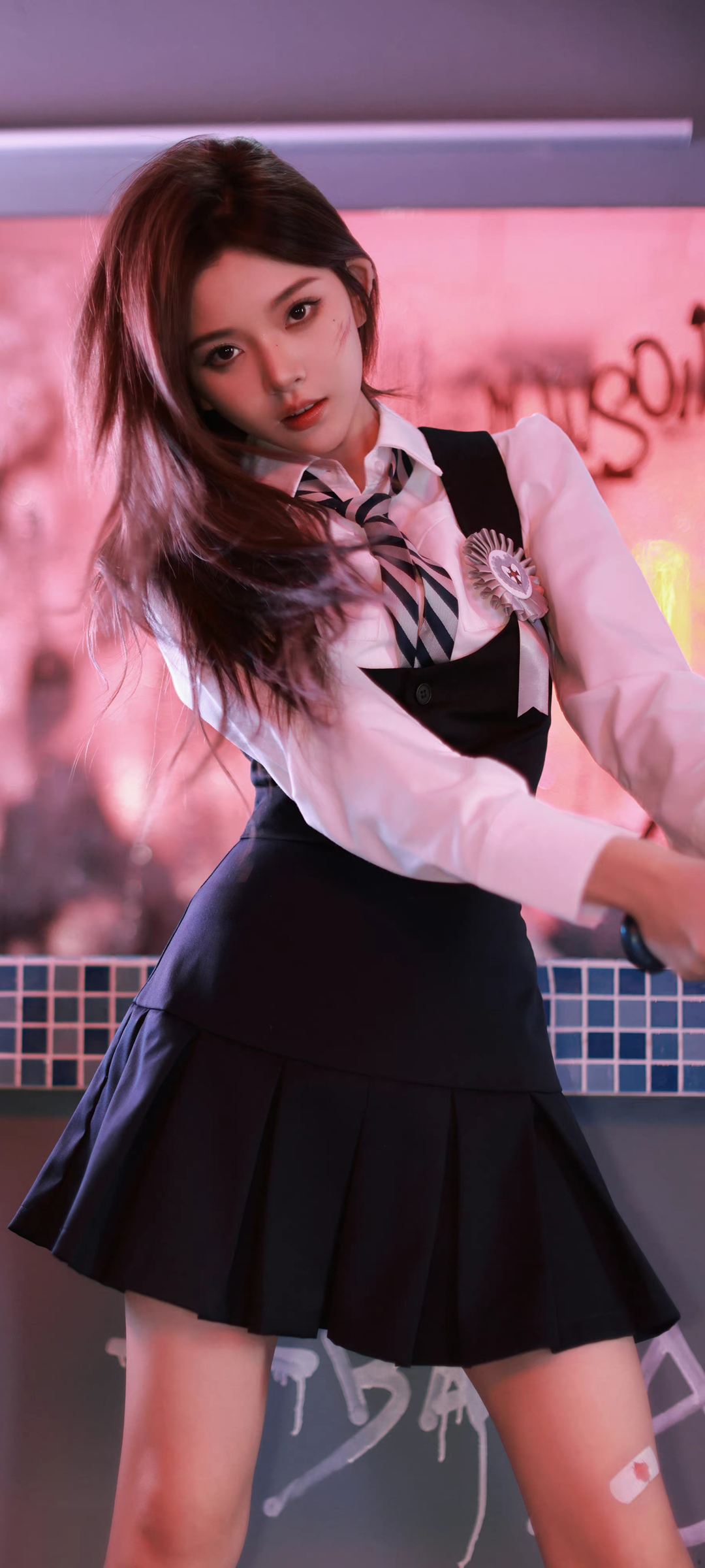 元气美女 黑色百褶裙 彭十六 全屏高清手机壁纸桌面高清