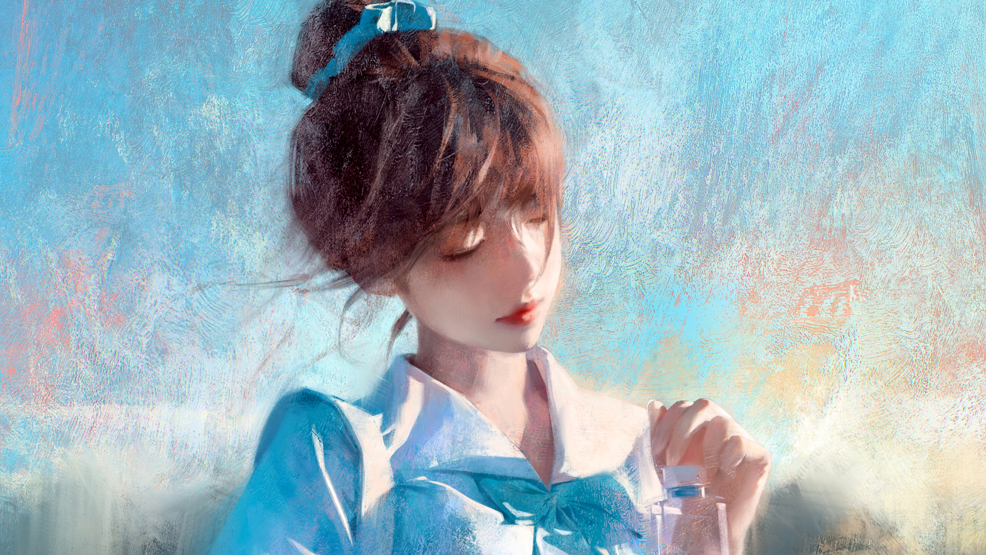 女孩 闭着眼睛 水瓶 天蓝色 绘画 唯美 动漫高清壁纸