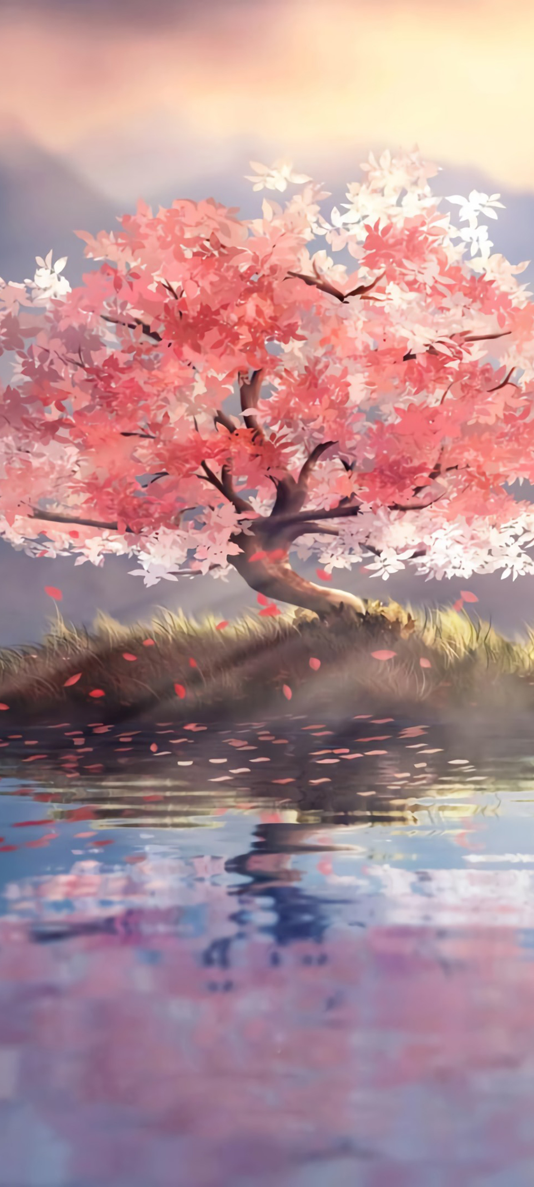红色树叶树 孤单的树 湖水 中央 唯美风景 高清手机壁纸