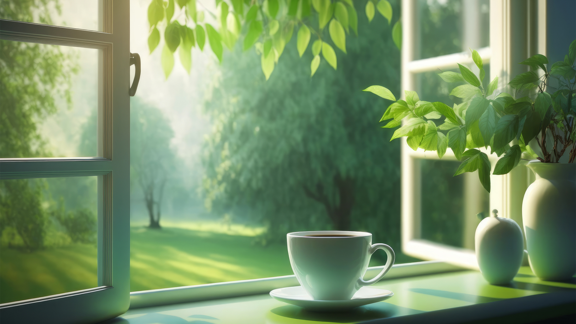 房子 窗 咖啡 绿色树林 护眼高清壁纸
