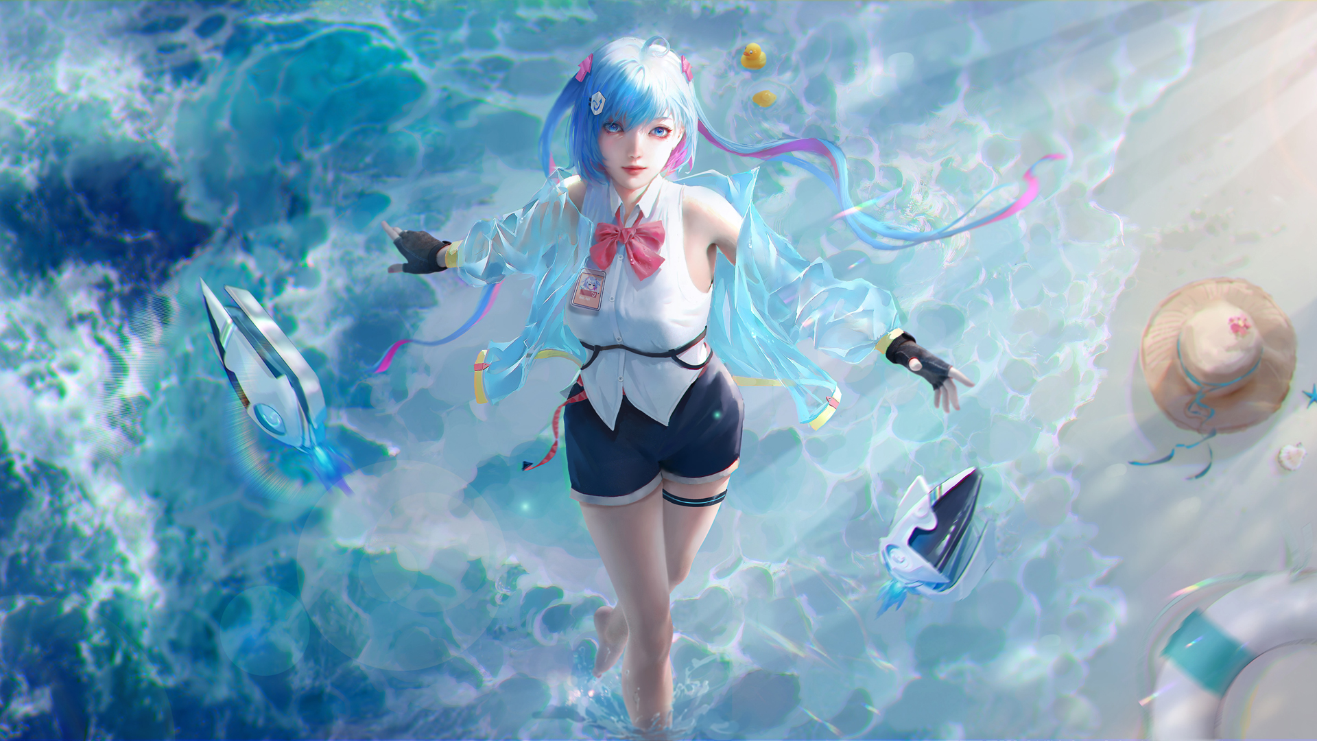 海滩 厚涂 插画 少女 短裤 治愈 动漫高清壁纸