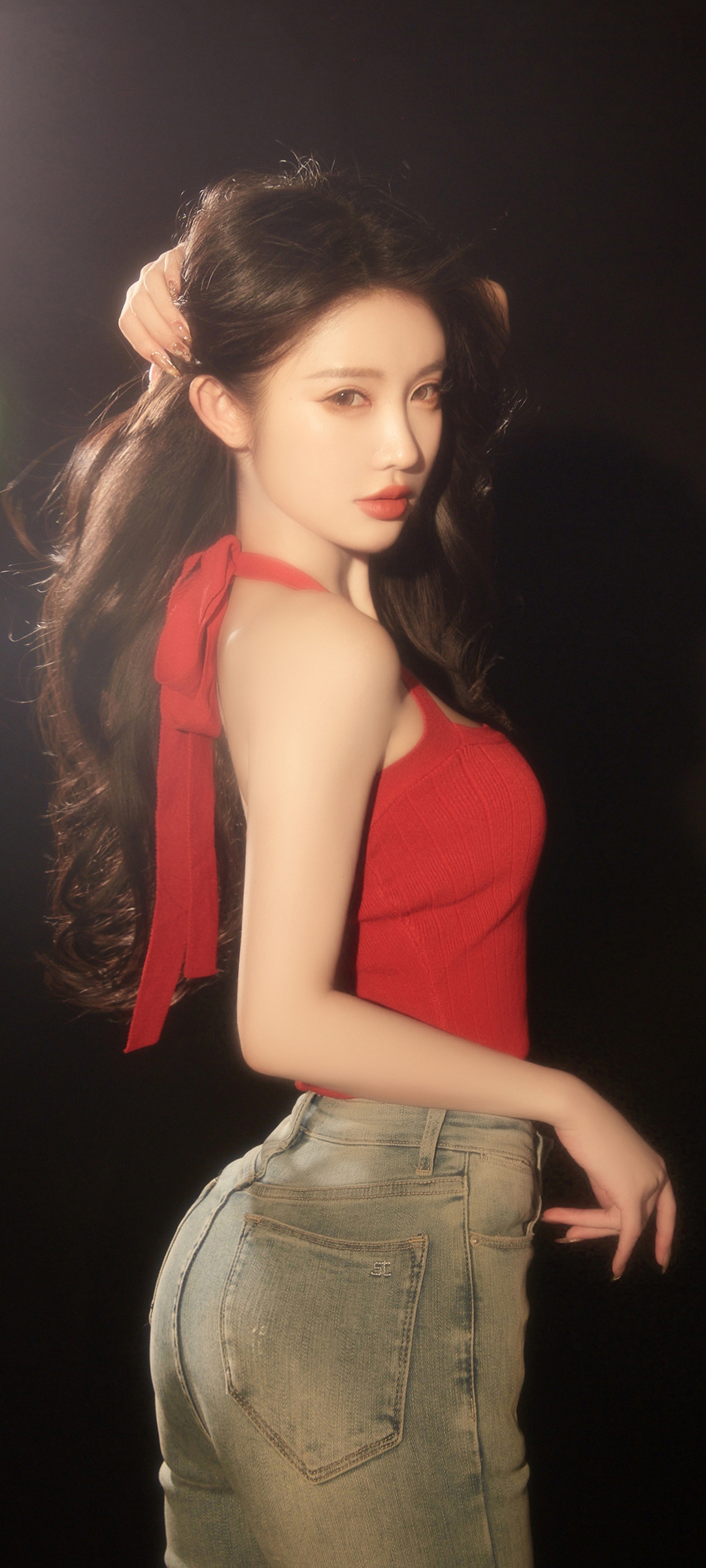 美女红色毛衣 牛仔裤 精选高清手机壁纸