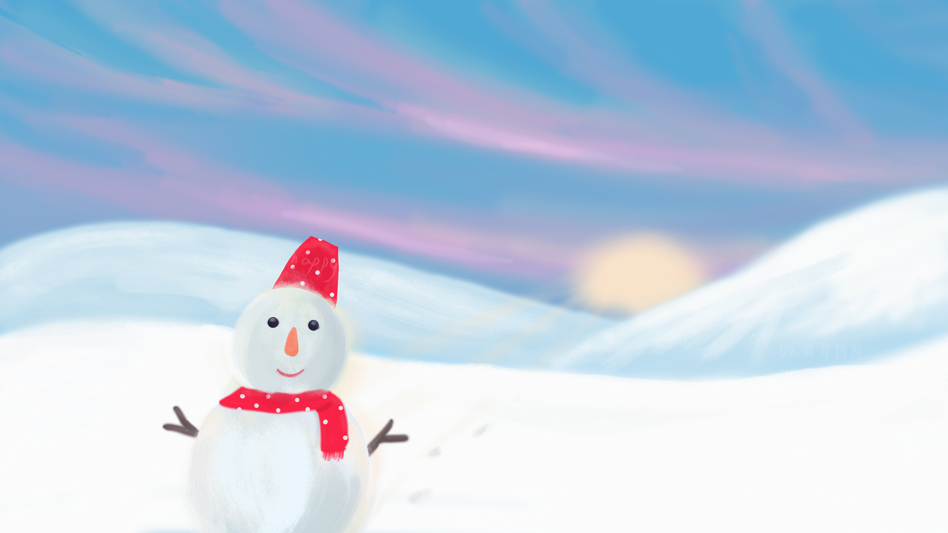 彼岸原创 冬天 天空 太阳 雪地 雪人 圣诞节 手绘风景 精选 高清壁纸