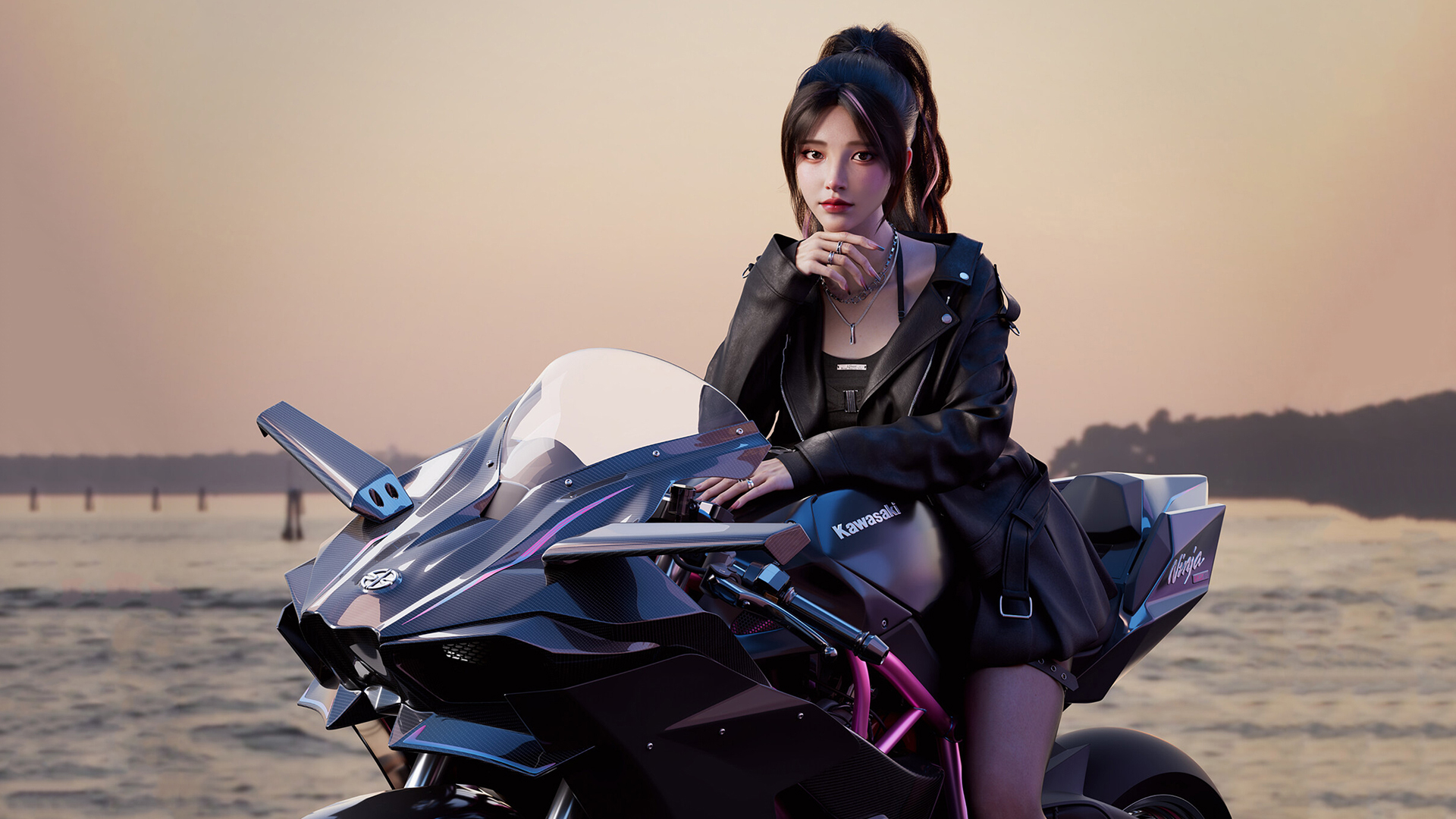 美女 帅气 皮衣 高马尾 机车 摩托车 动漫 高清壁纸
