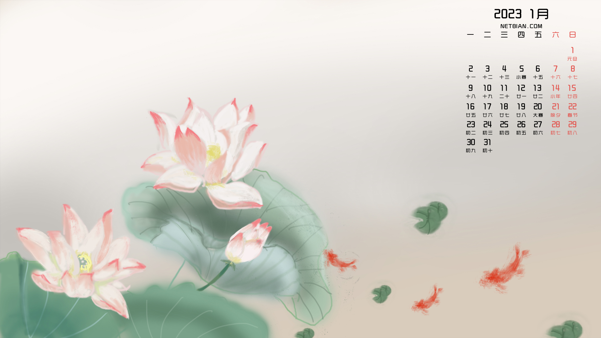 原创 国风 手绘 荷花2023-1月精选日历高清壁纸