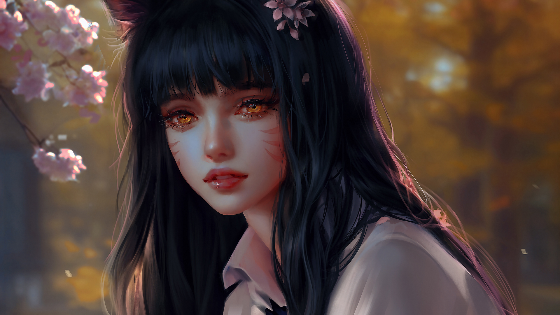 2k 阿狸 厚涂画 长发 白色衣服 花 树林 动漫 精选 高清壁纸