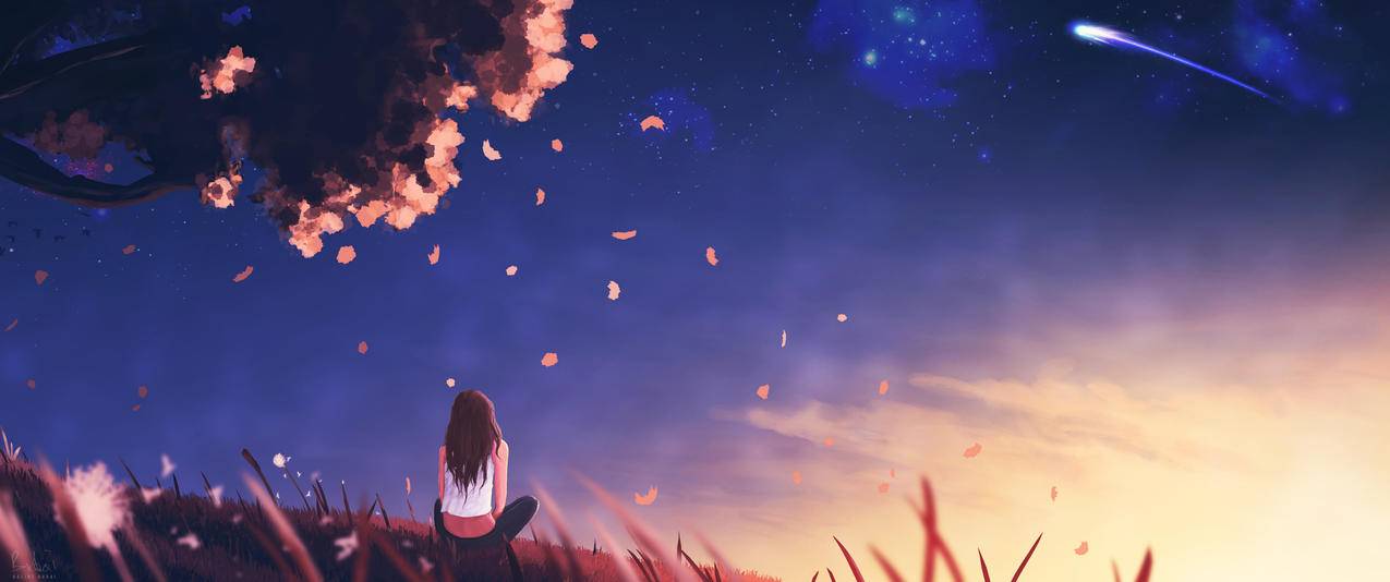 女孩夜晚希望升起带鱼屏高清壁纸