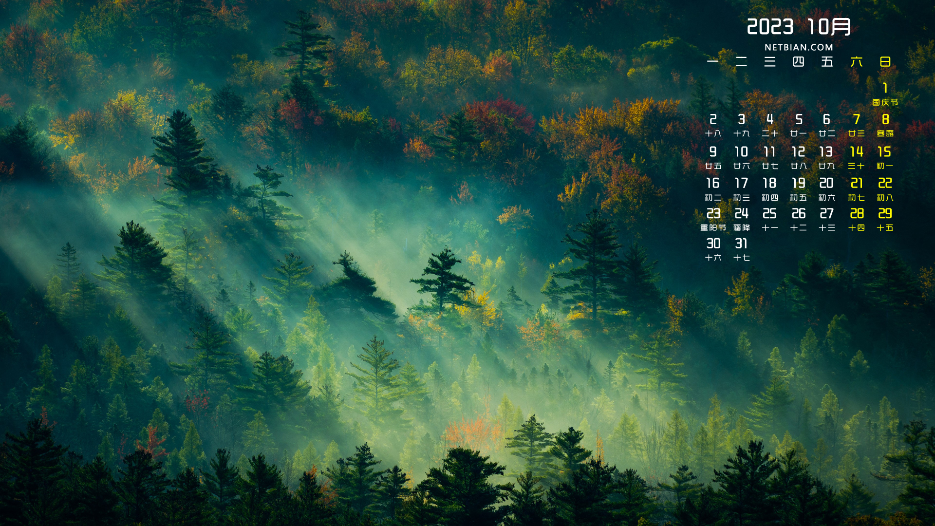 森林风景2023-10月日历桌面高清壁纸