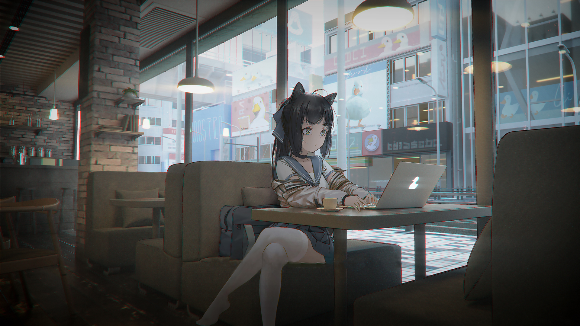可爱女孩 兽耳猫耳 休闲吧 笔记本电脑 二次元动漫高清壁纸