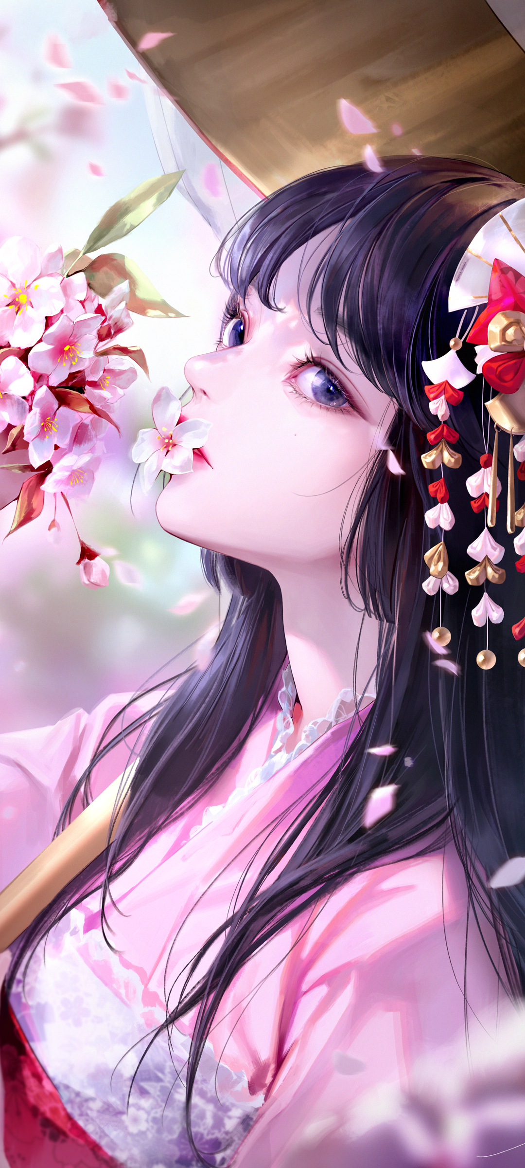 嘴咬花的动漫女孩高清手机壁纸