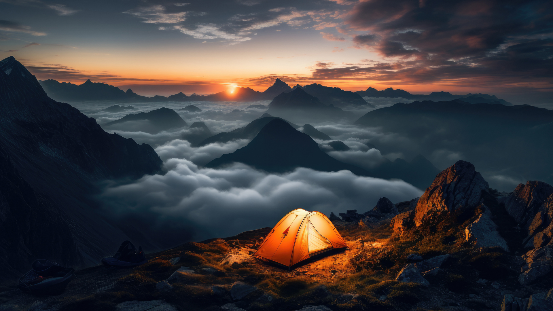 日落时在山顶露营风景桌面高清壁纸