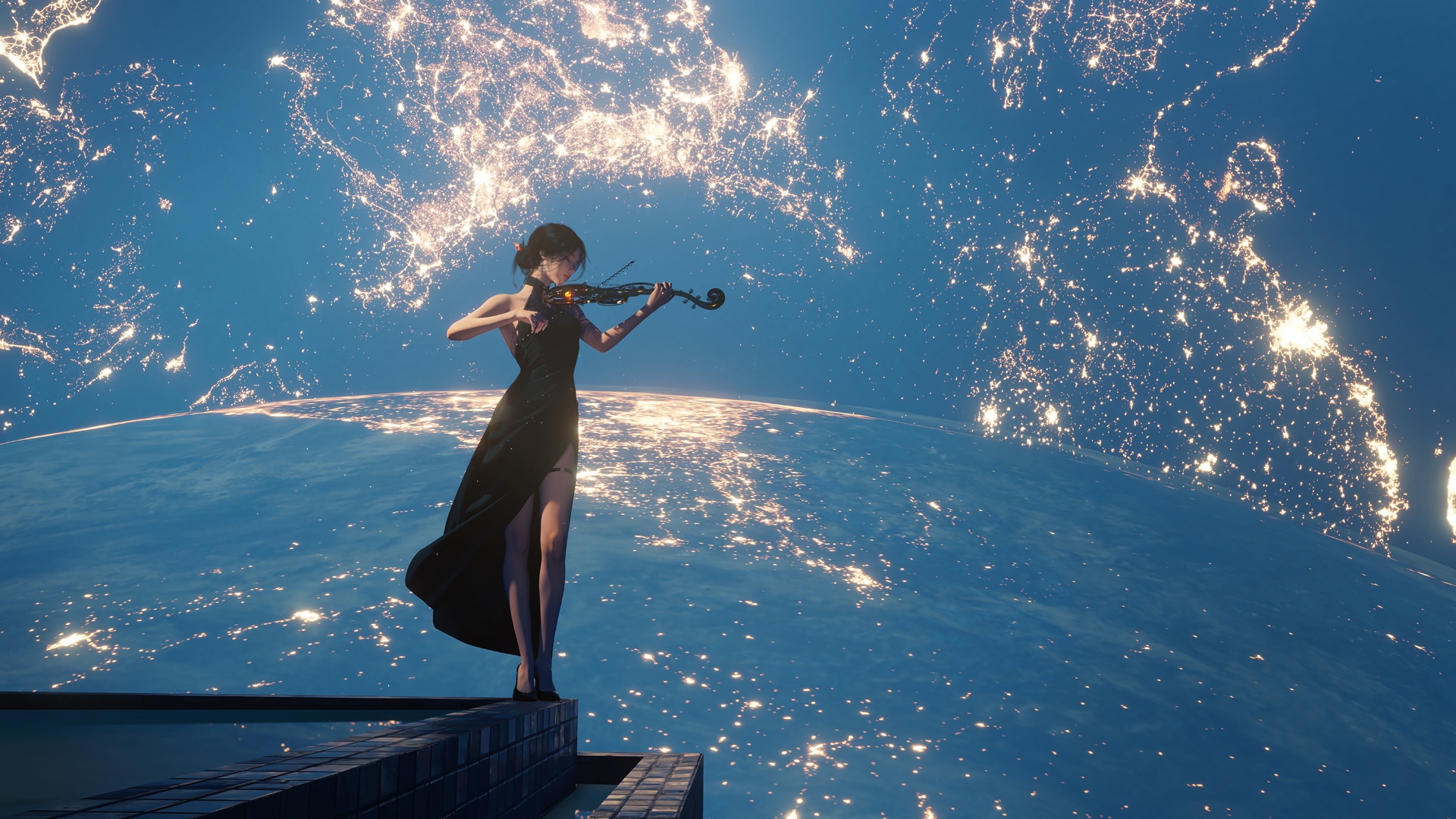 太空 女孩 小提琴 唯美动漫高清壁纸