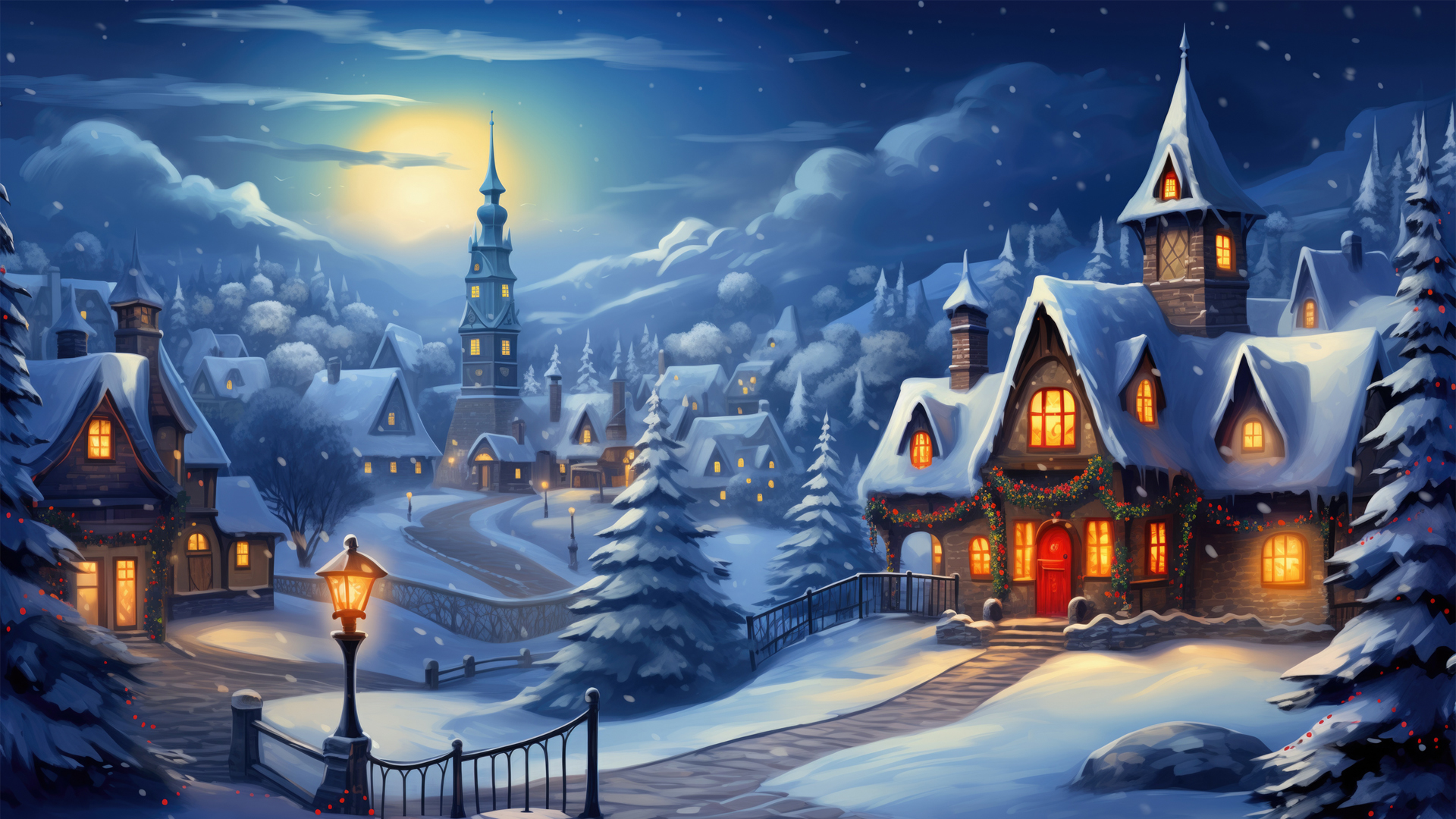 圣诞节 村庄 绘画风景 雪景 桌面高清壁纸