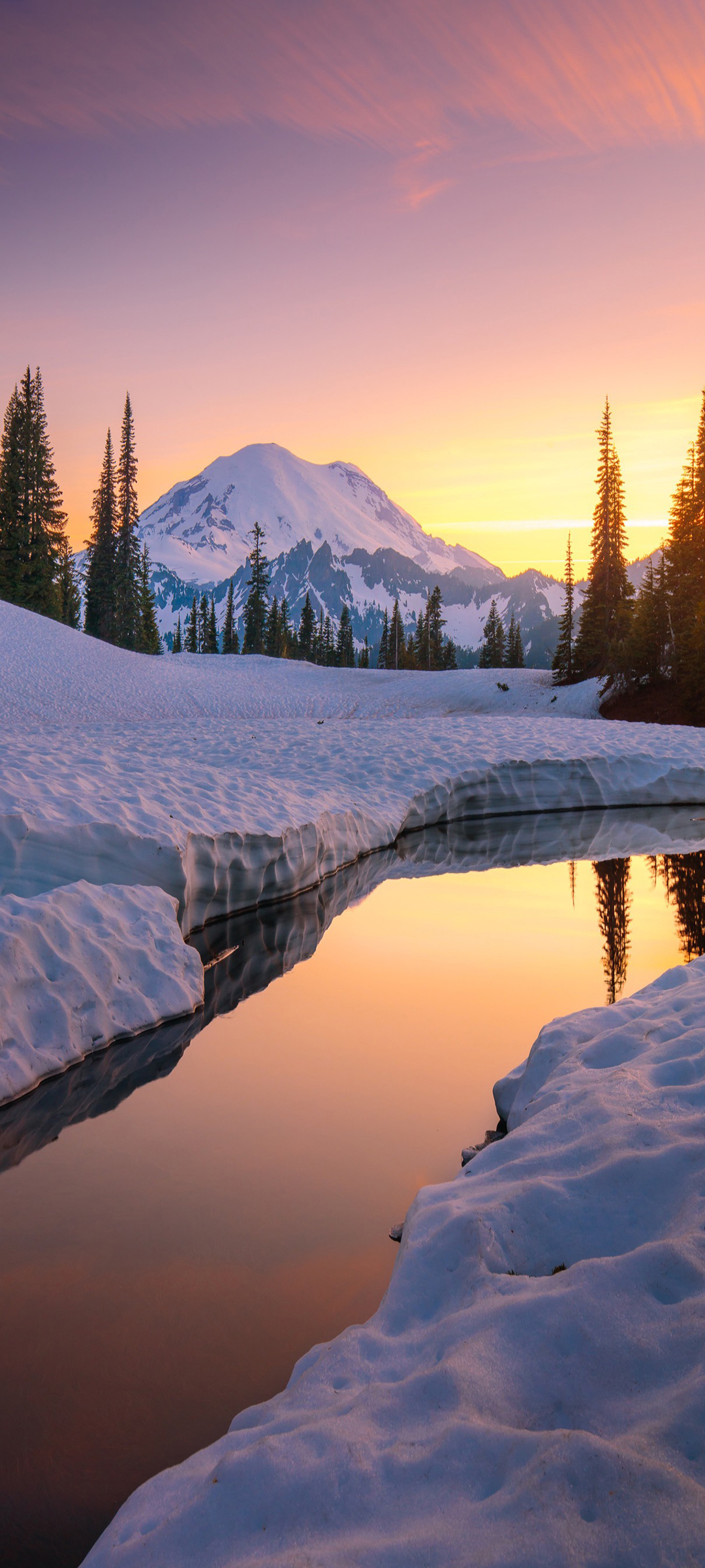 冬天 雪 山 河 树木 夕阳 风景 高清手机壁纸