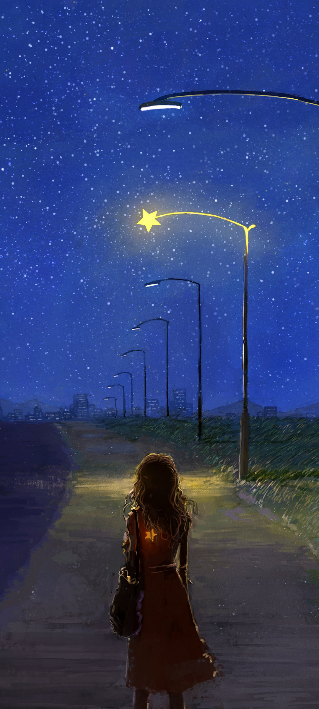 夜晚 星星 路灯 女孩 绘画 动漫 高清手机壁纸