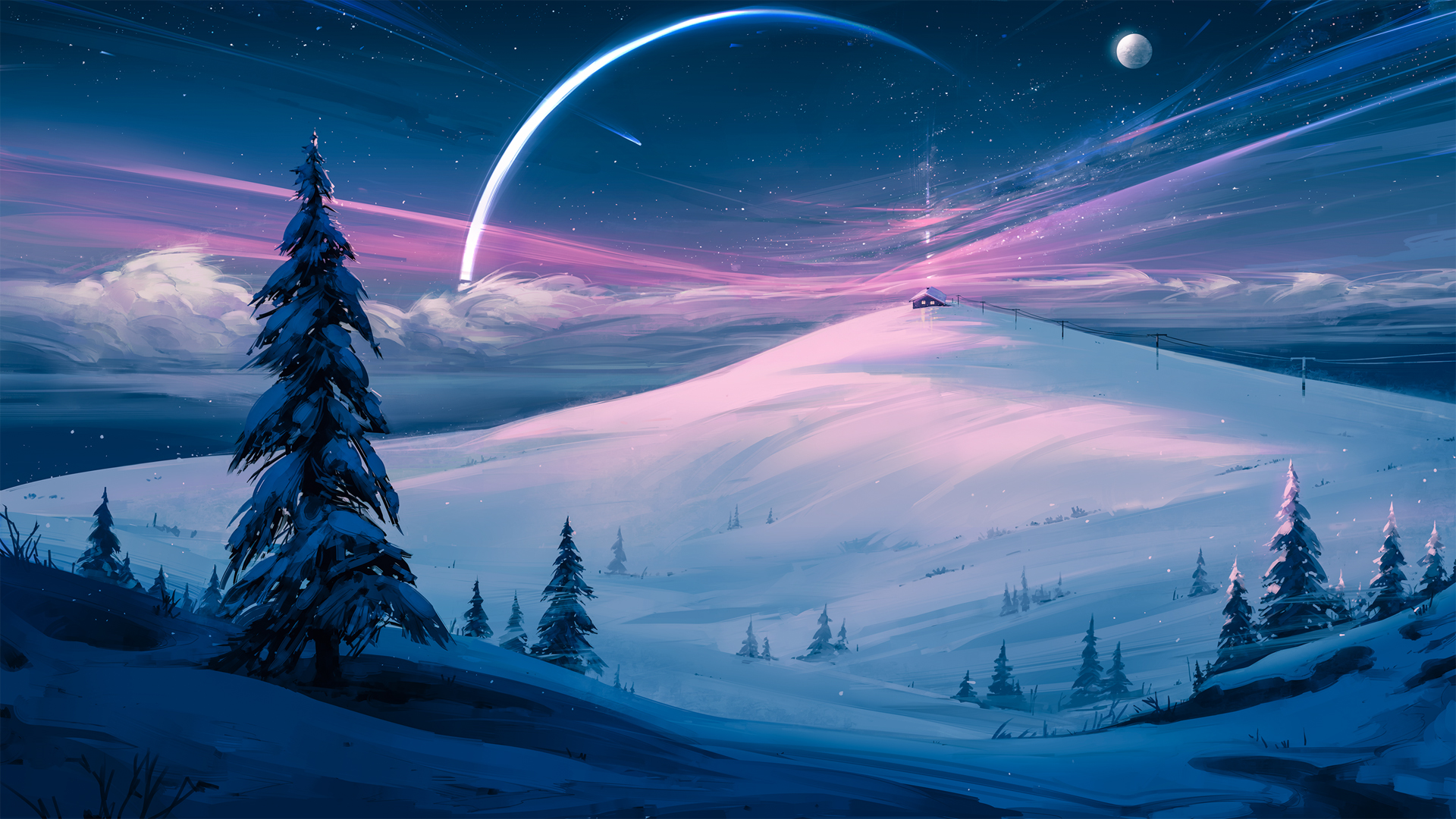 冬天,雪,山,云,树,星星,星空,月亮,风景高清壁纸