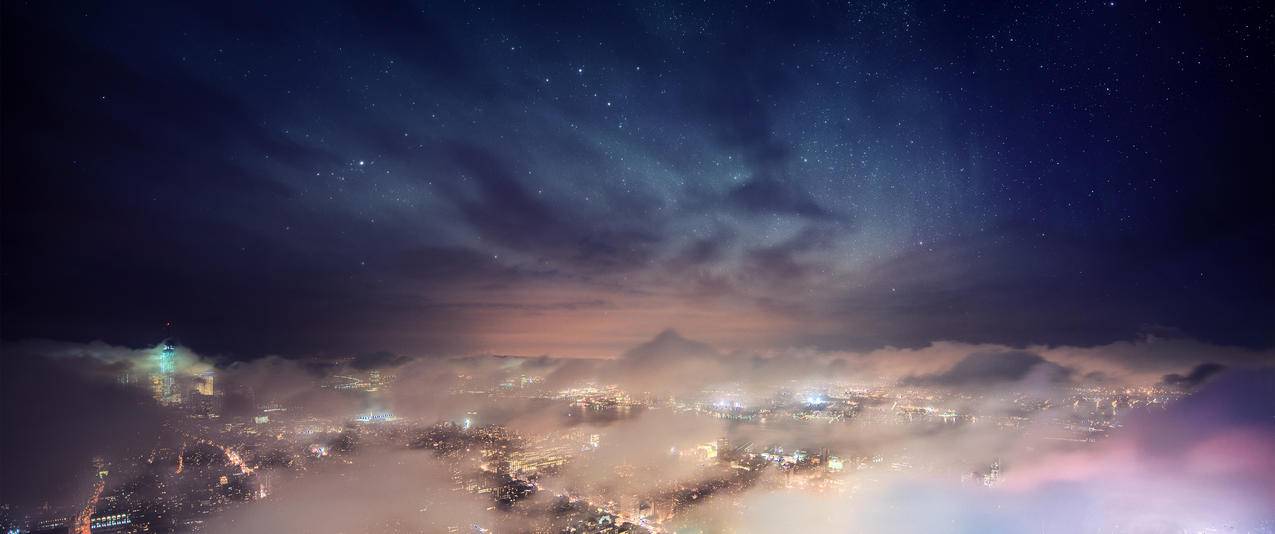 星云城市夜晚桌面带鱼屏高清壁纸