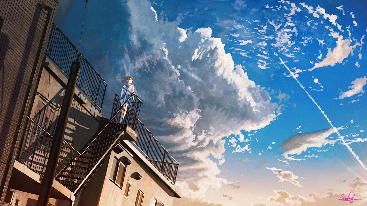 天空 天台 楼梯 女孩 4K精选动漫高清壁纸