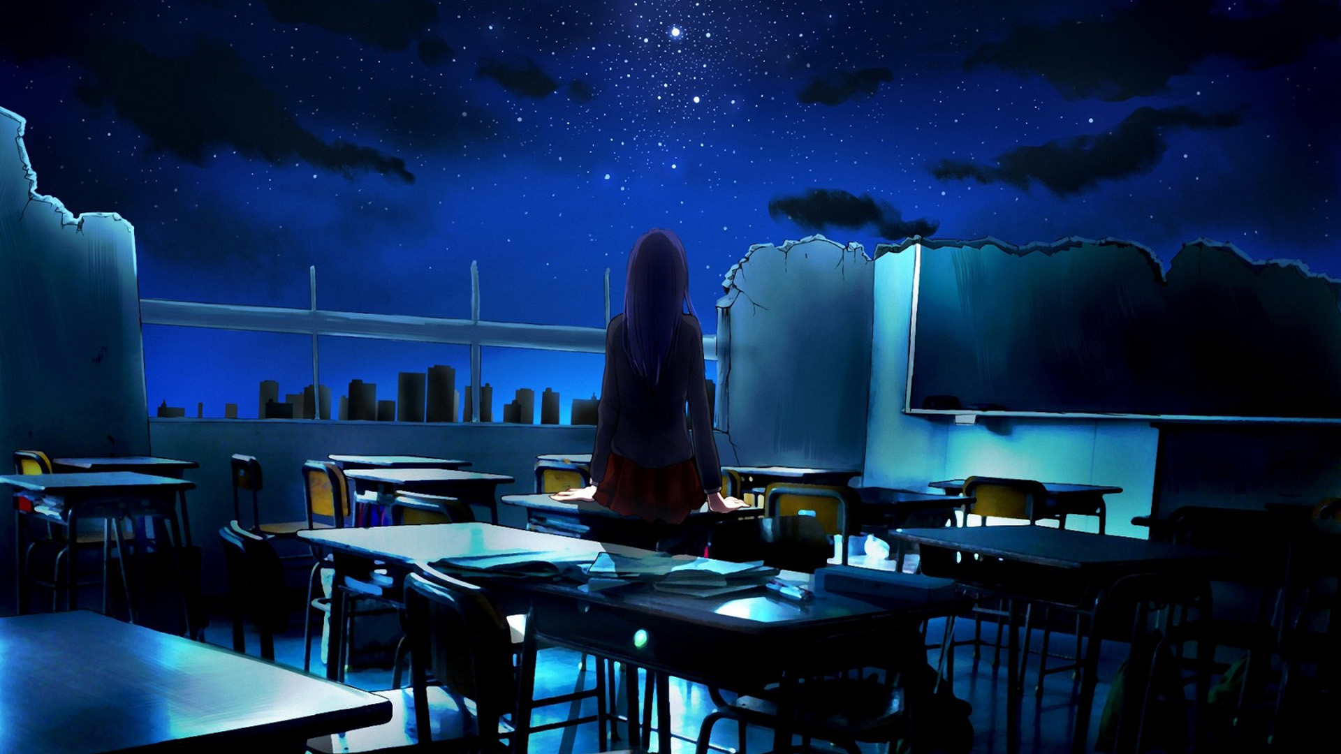 女孩回来了,一片废墟,教室,课桌,动漫桌面高清壁纸