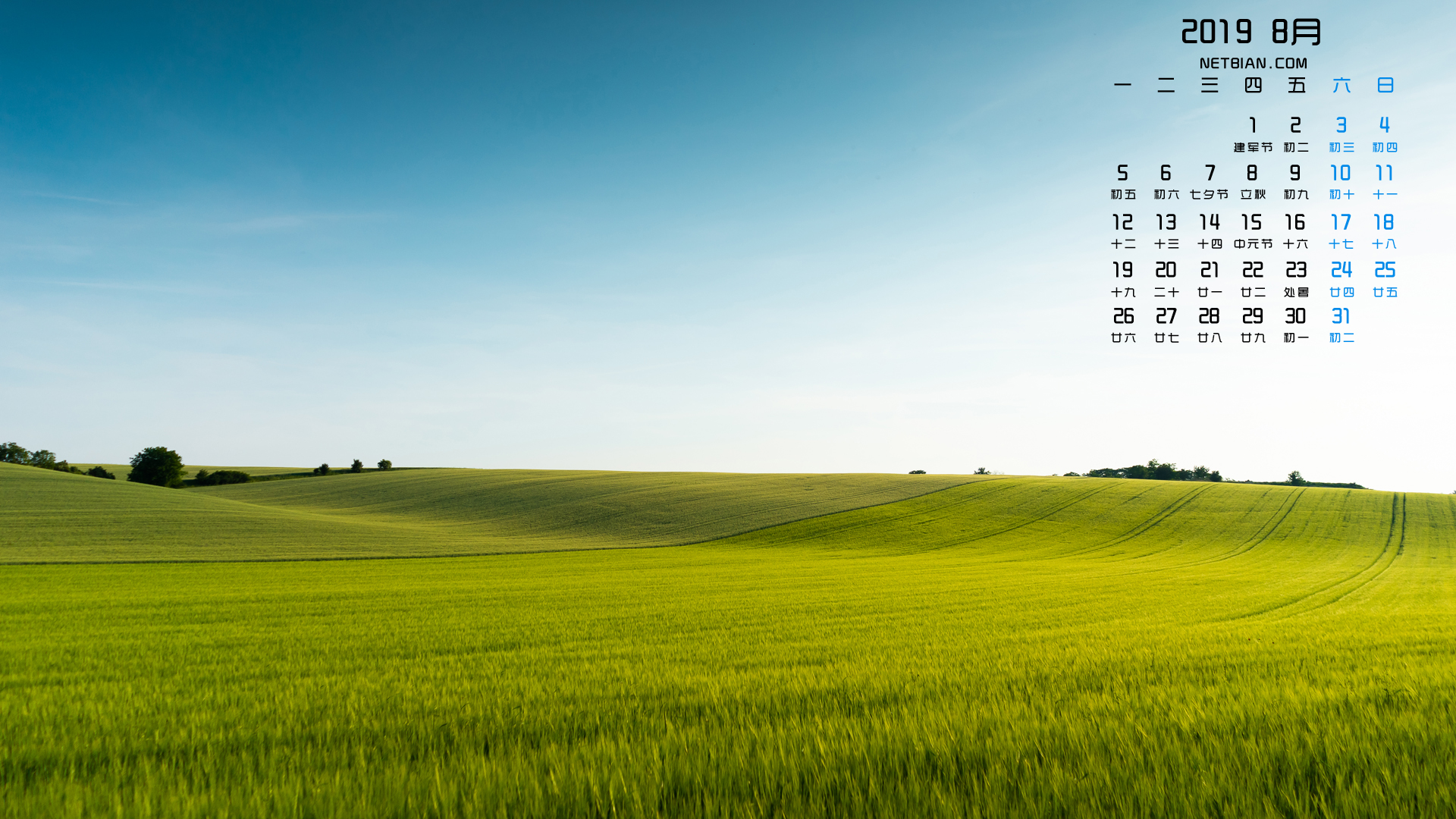 蓝天绿草地2019年8月日历风景桌面高清壁纸