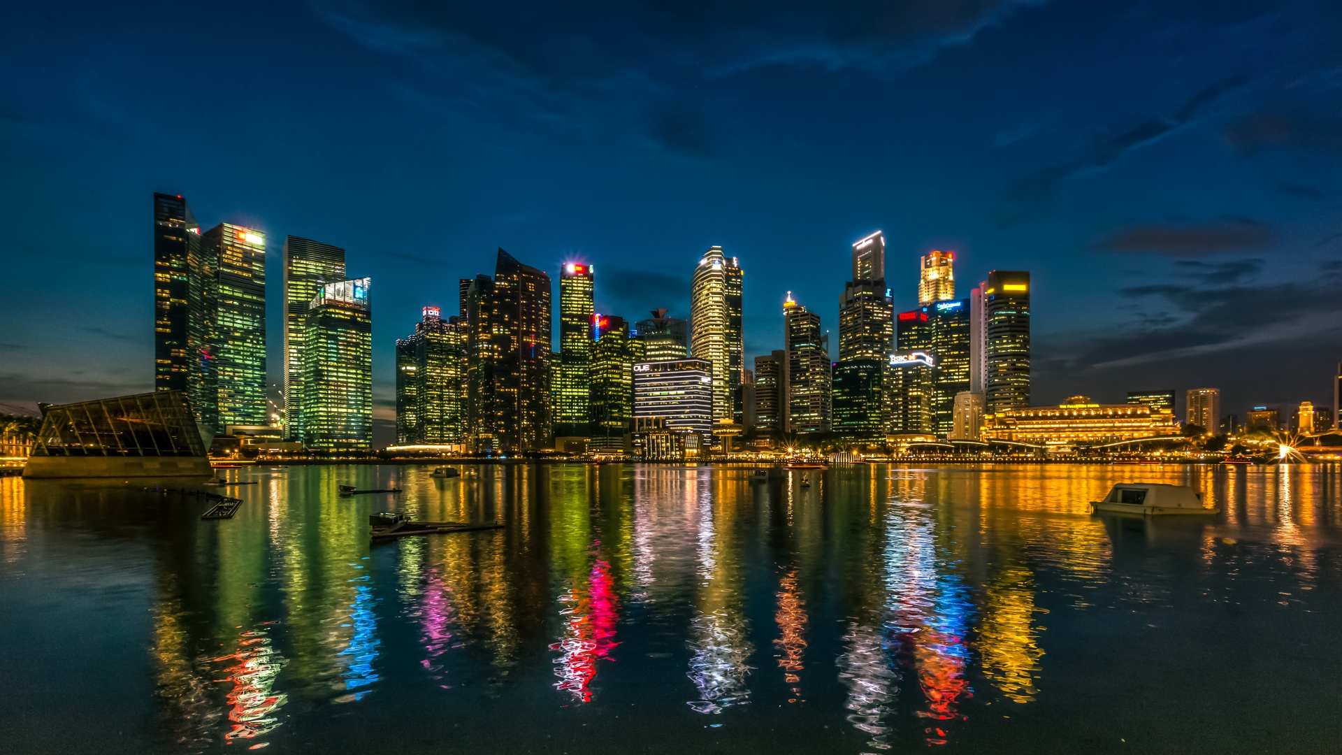 新加坡,摩天大楼,水,晚上,城市桌面高清壁纸