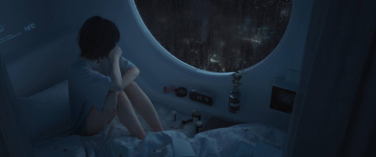 短发女孩 房间 被子 床铺 雨夜 圆形玻璃窗 3440x1440带鱼屏高清壁纸