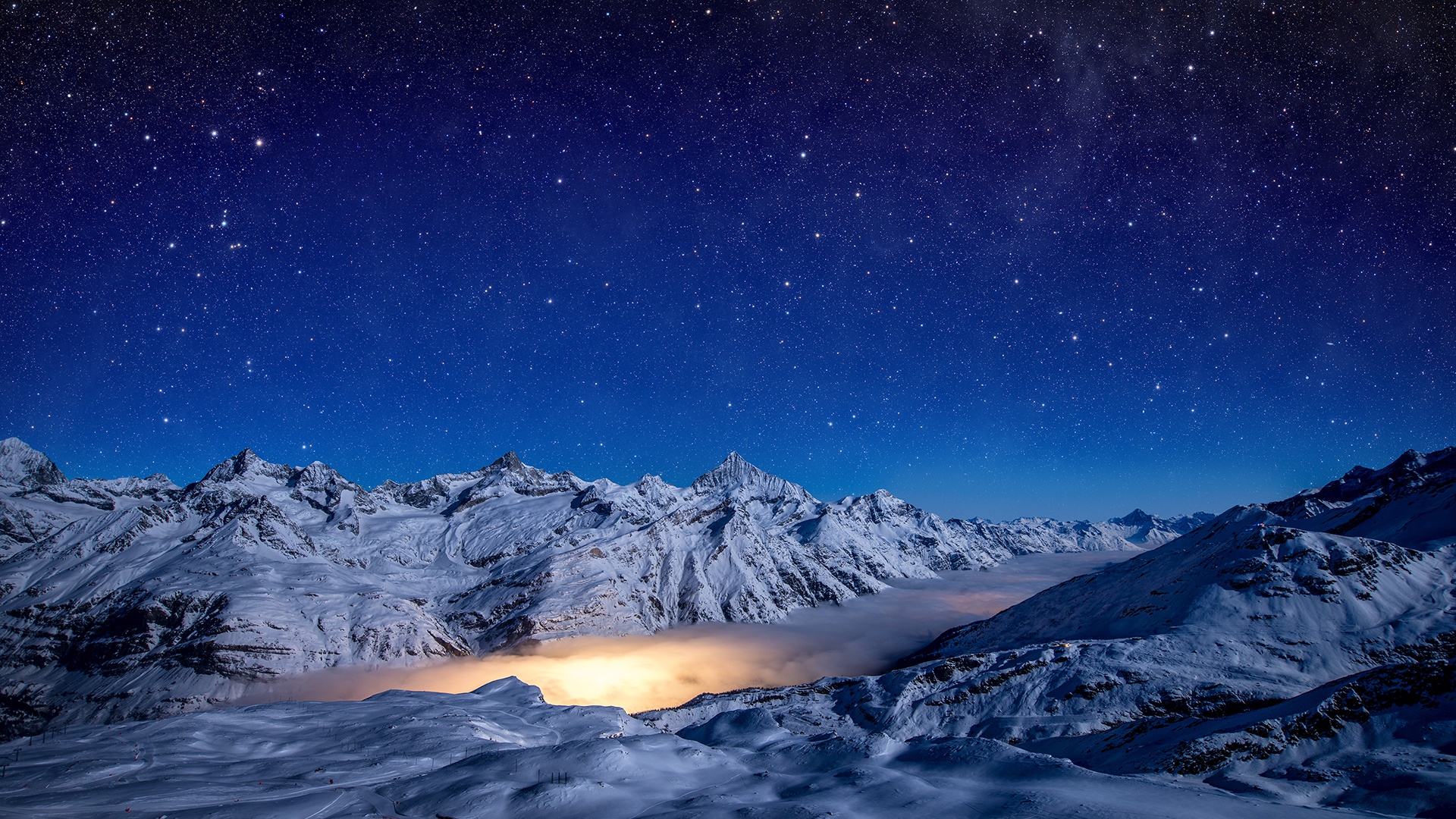 冬天 天空 瑞士 阿尔卑斯山 夜晚 星云 星空 风景桌面高清壁纸