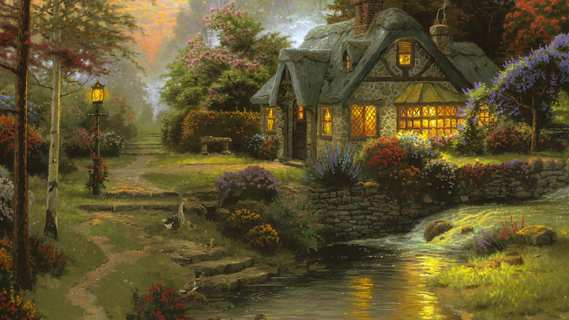 森林里的小屋,托马斯·金凯德,美丽的风景绘画,桌面高清壁纸