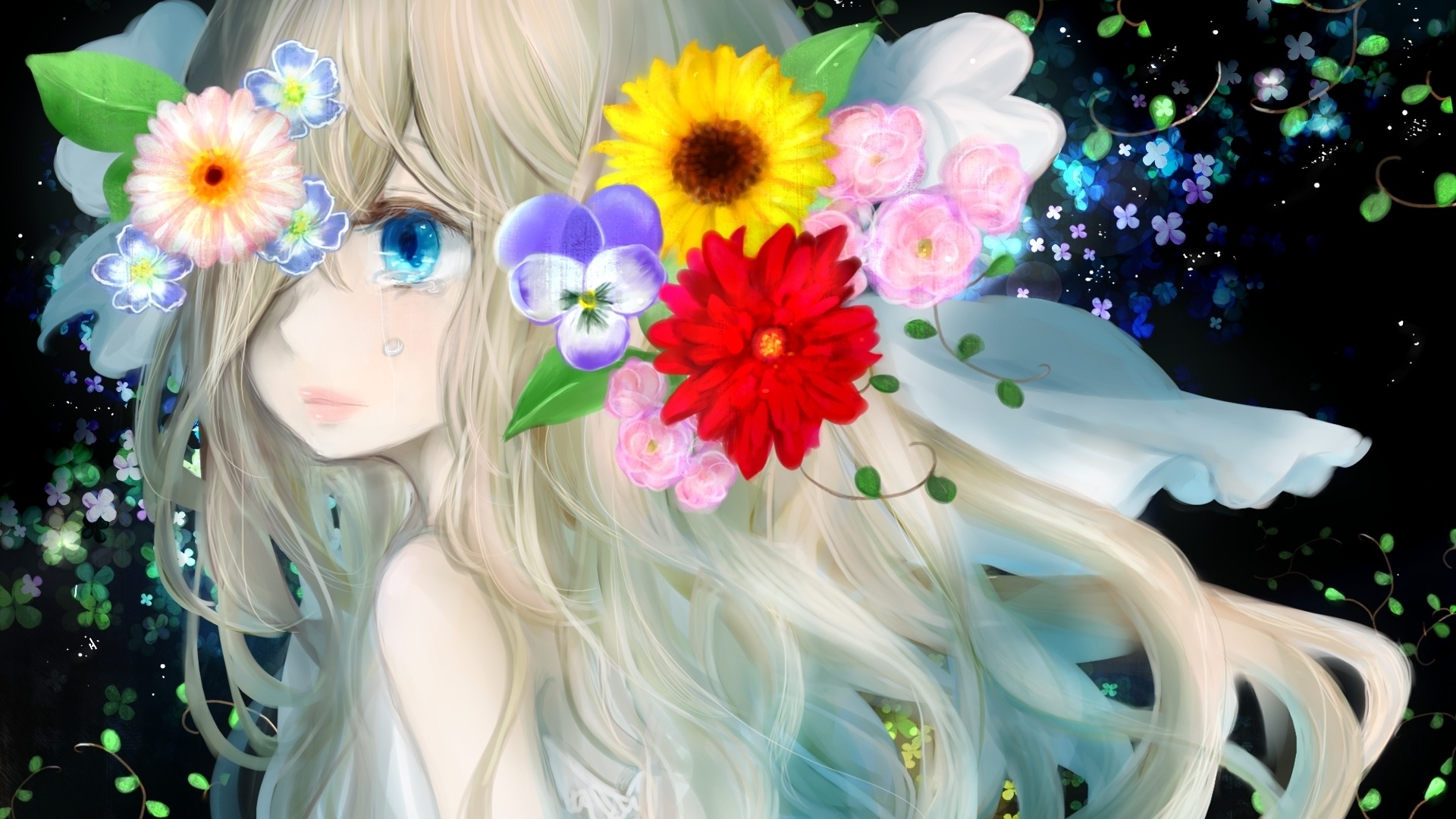 小女孩的眼泪,悲伤,花的图片,动漫桌面高清壁纸
