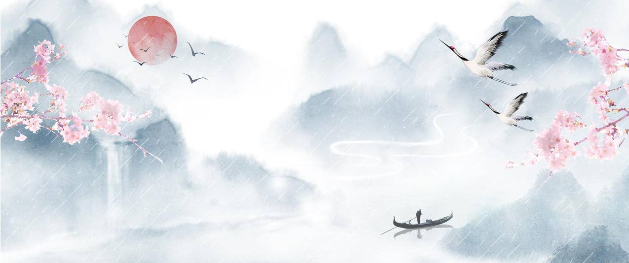 清明节水墨画花枝仙鹤3440x1440带鱼屏高清壁纸
