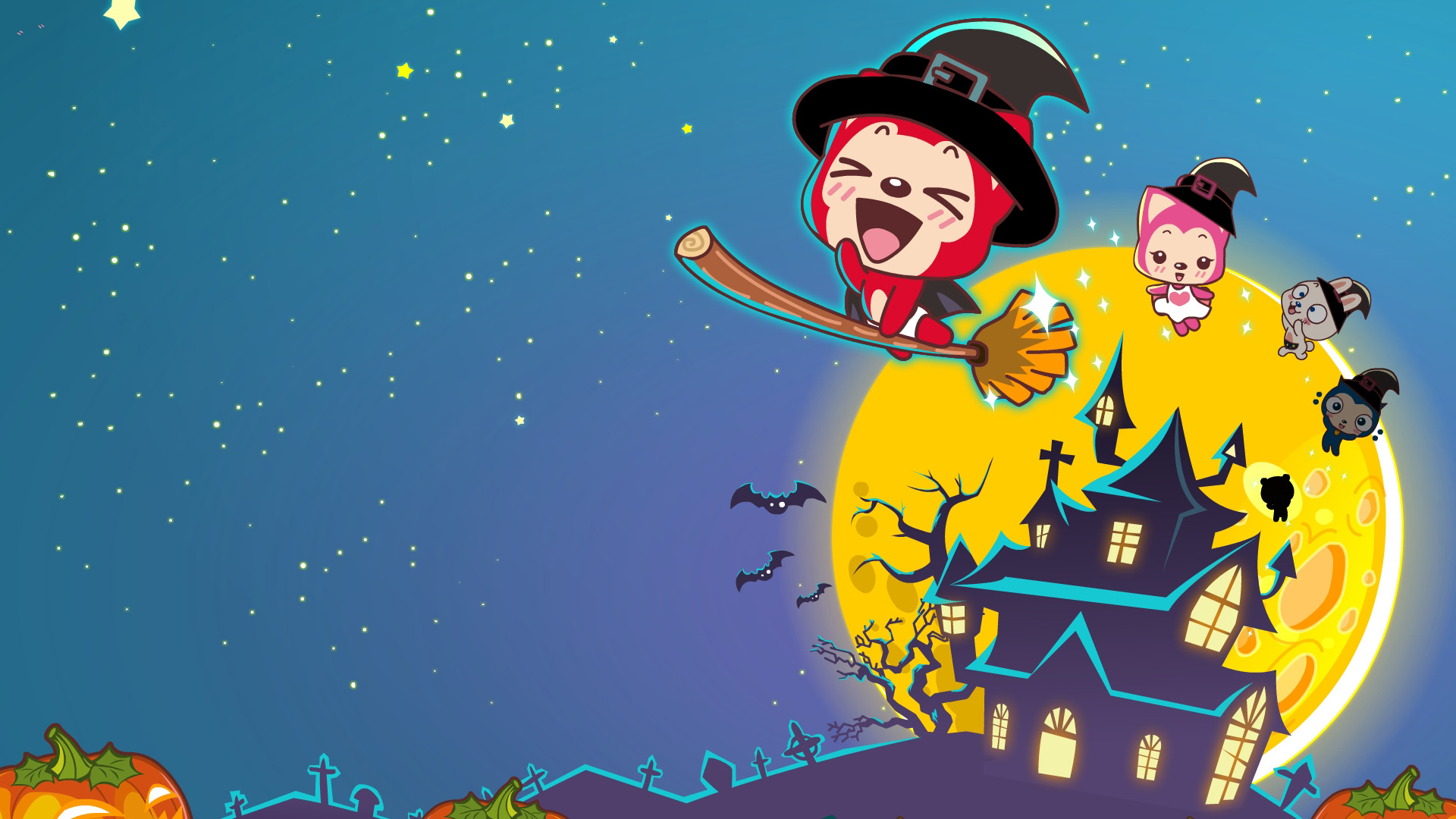 阿狸,万圣节,Halloween,飞扫把,巫师,古堡,蝙蝠,南瓜,月亮,桌面高清壁纸