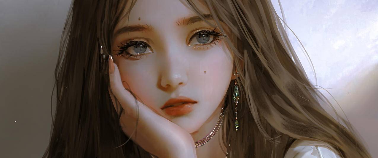 一手托腮的女孩 厚涂 动漫 3440x1440 带鱼屏 高清壁纸