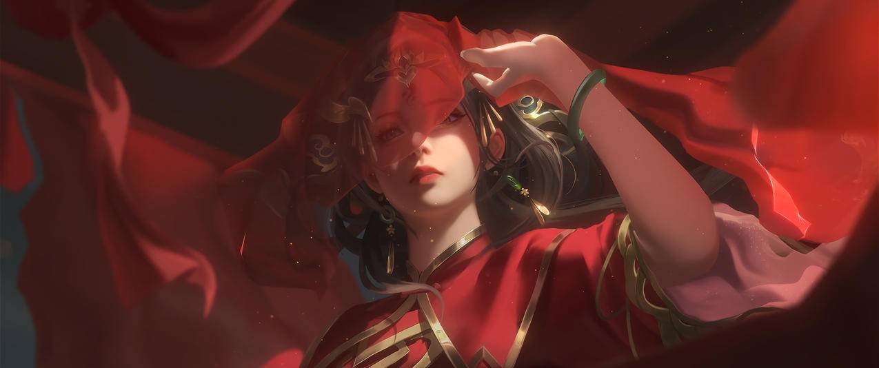 囍 新娘 红色婚纱裙子 头纱美女3440x1440带鱼屏高清壁纸