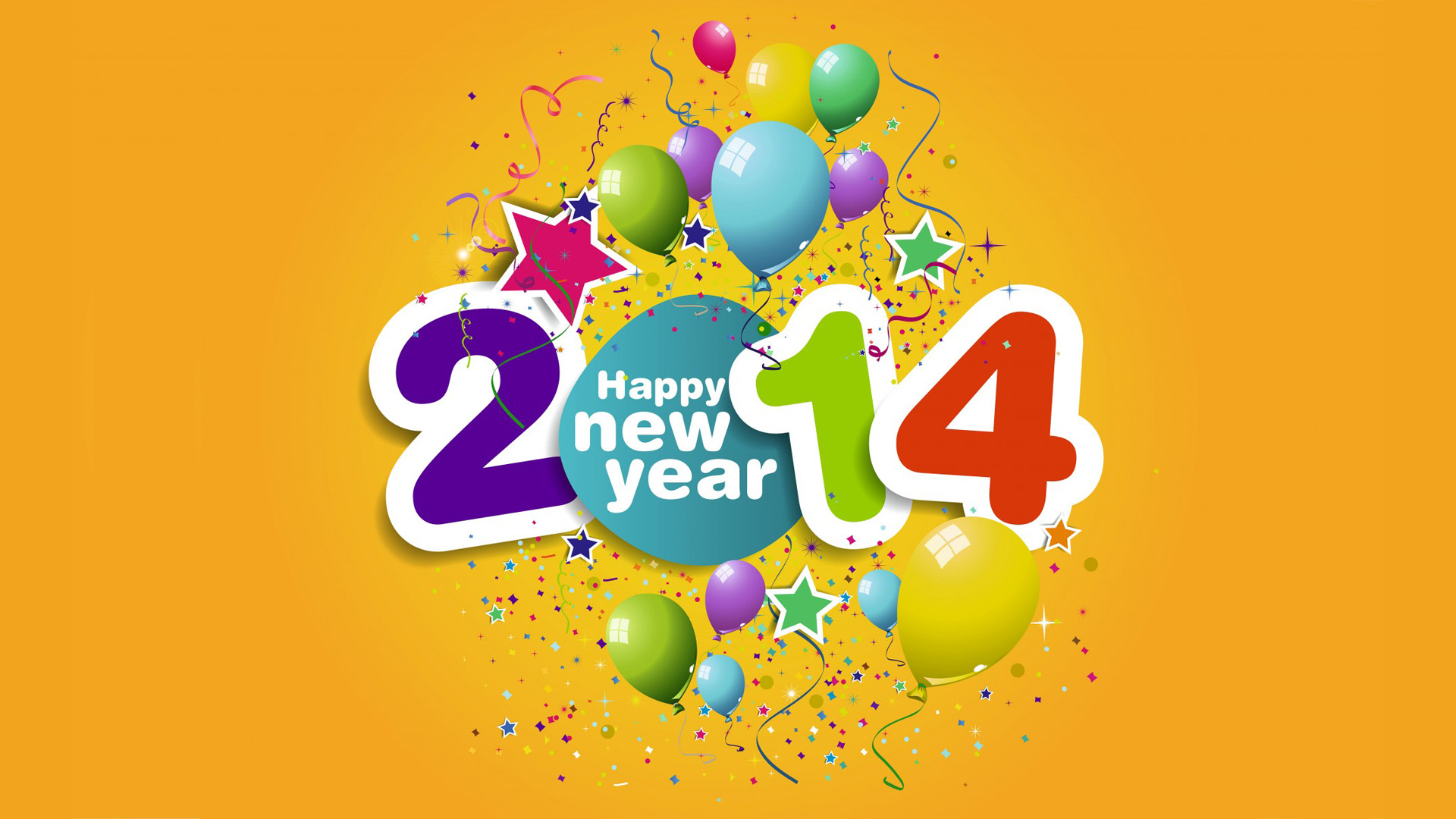 2014新年快乐,气球,星星,幸福的2014年电脑桌面高清壁纸