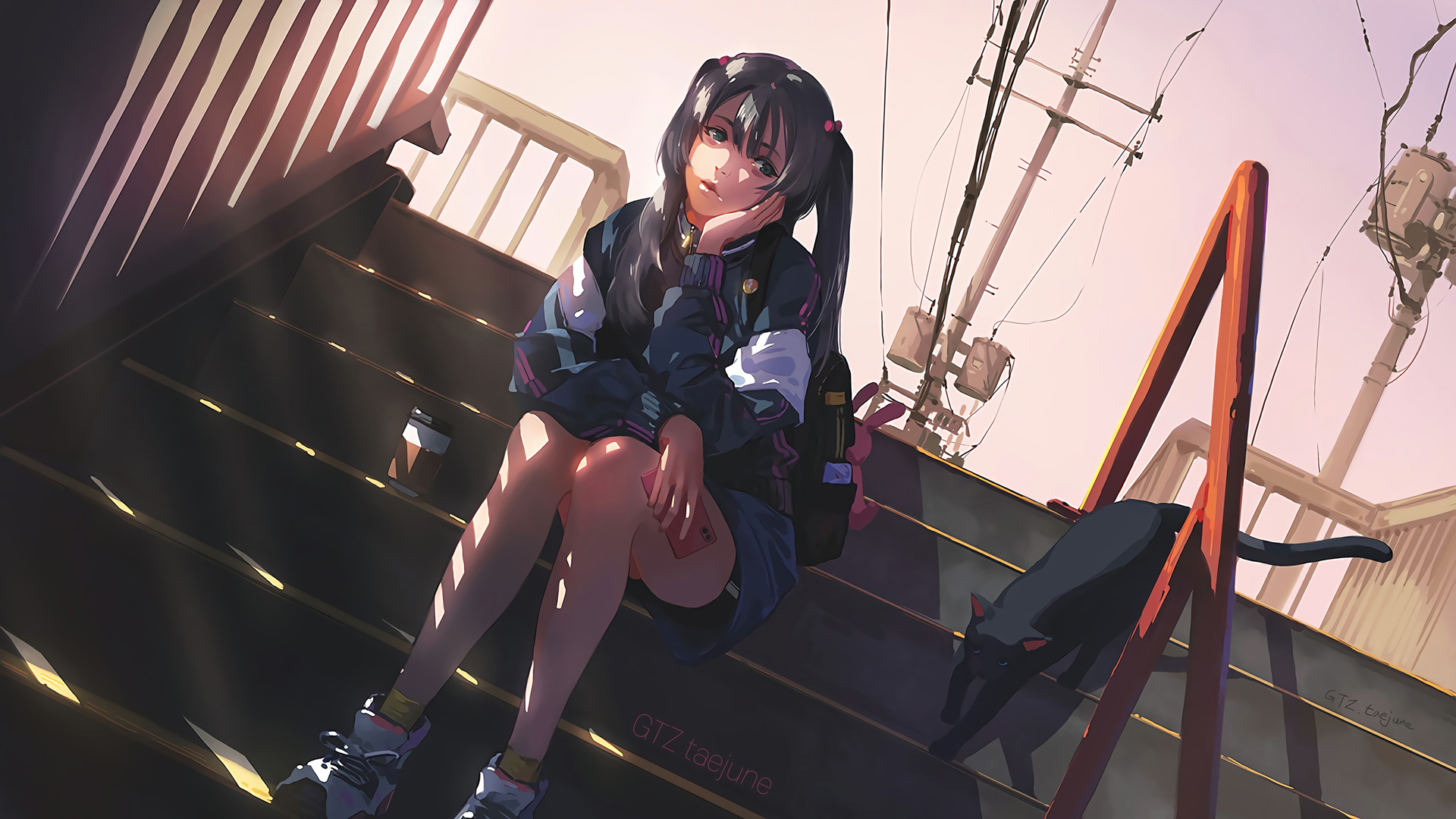 坐在楼梯上的动漫女孩高清壁纸
