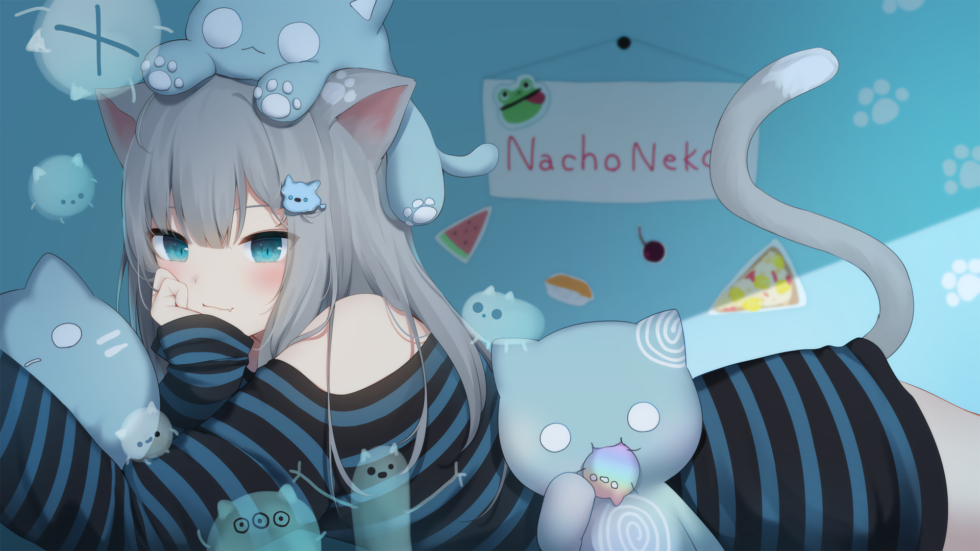 可爱小女孩 猫耳 尾巴 毛绒玩具 动漫高清壁纸