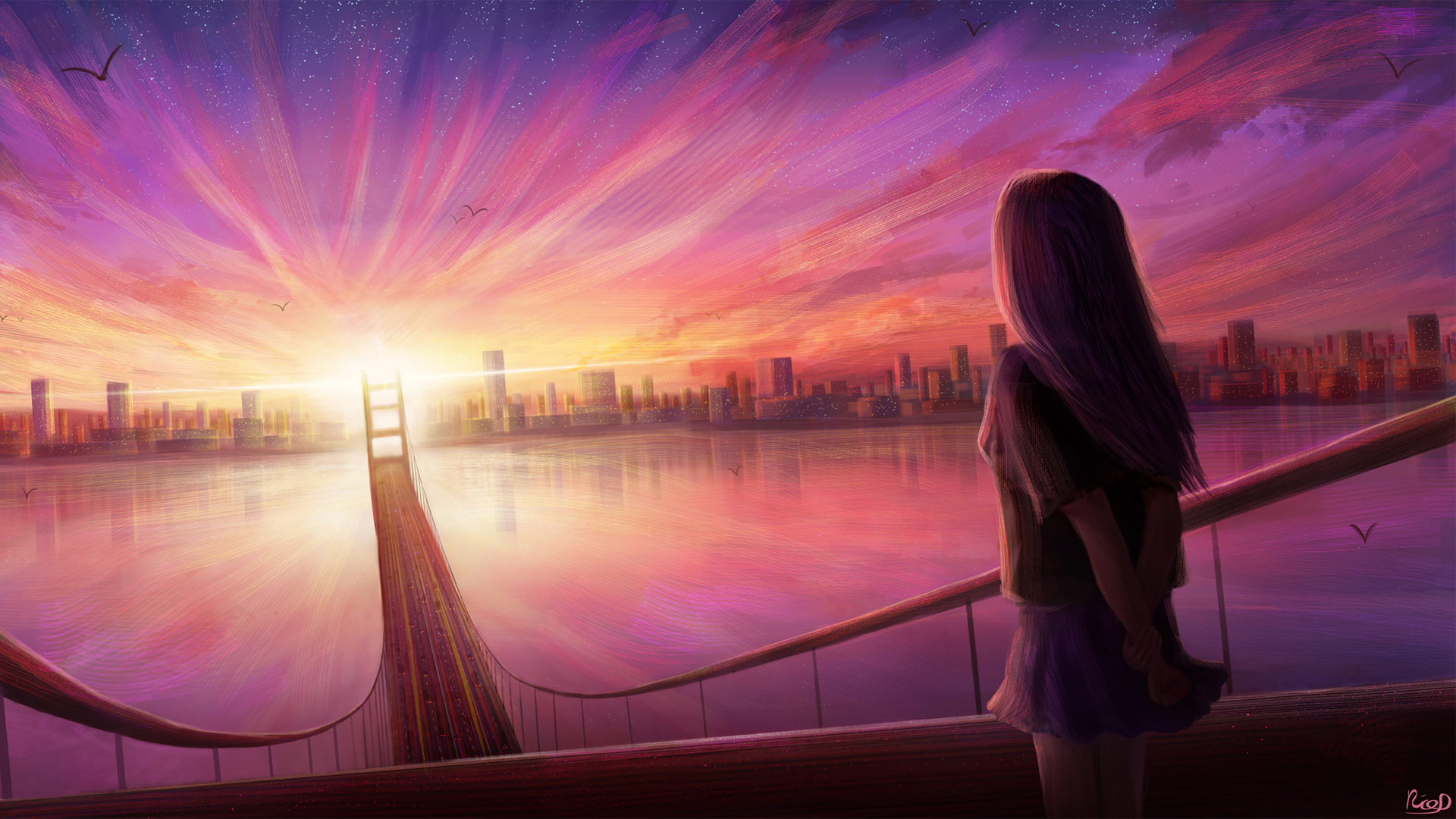 女孩 渴望 城市 桥 夕阳 唯美动漫风景高清壁纸