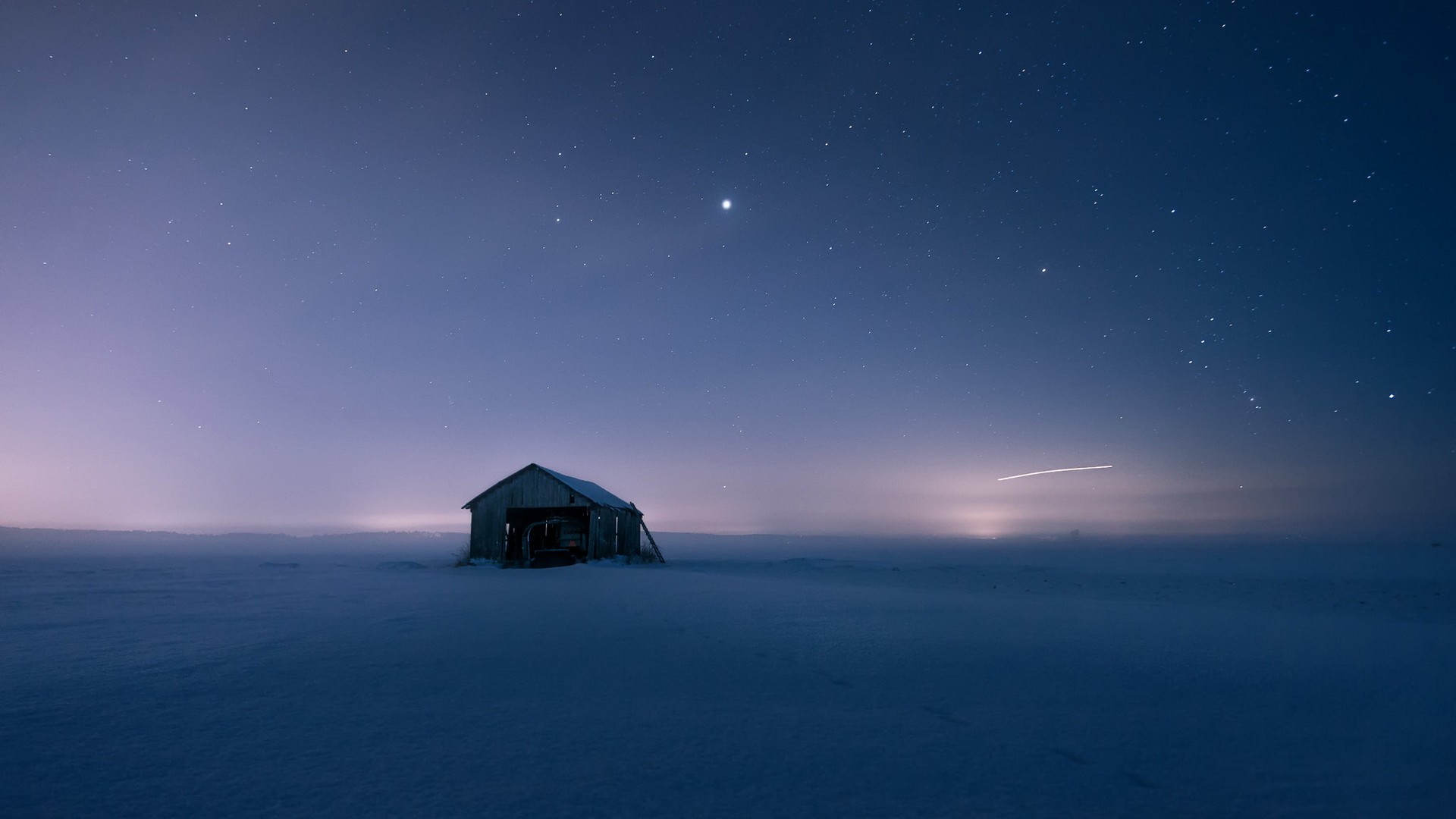 雪,房子,宁静的夜晚,星星,美丽孤单的风景高清壁纸